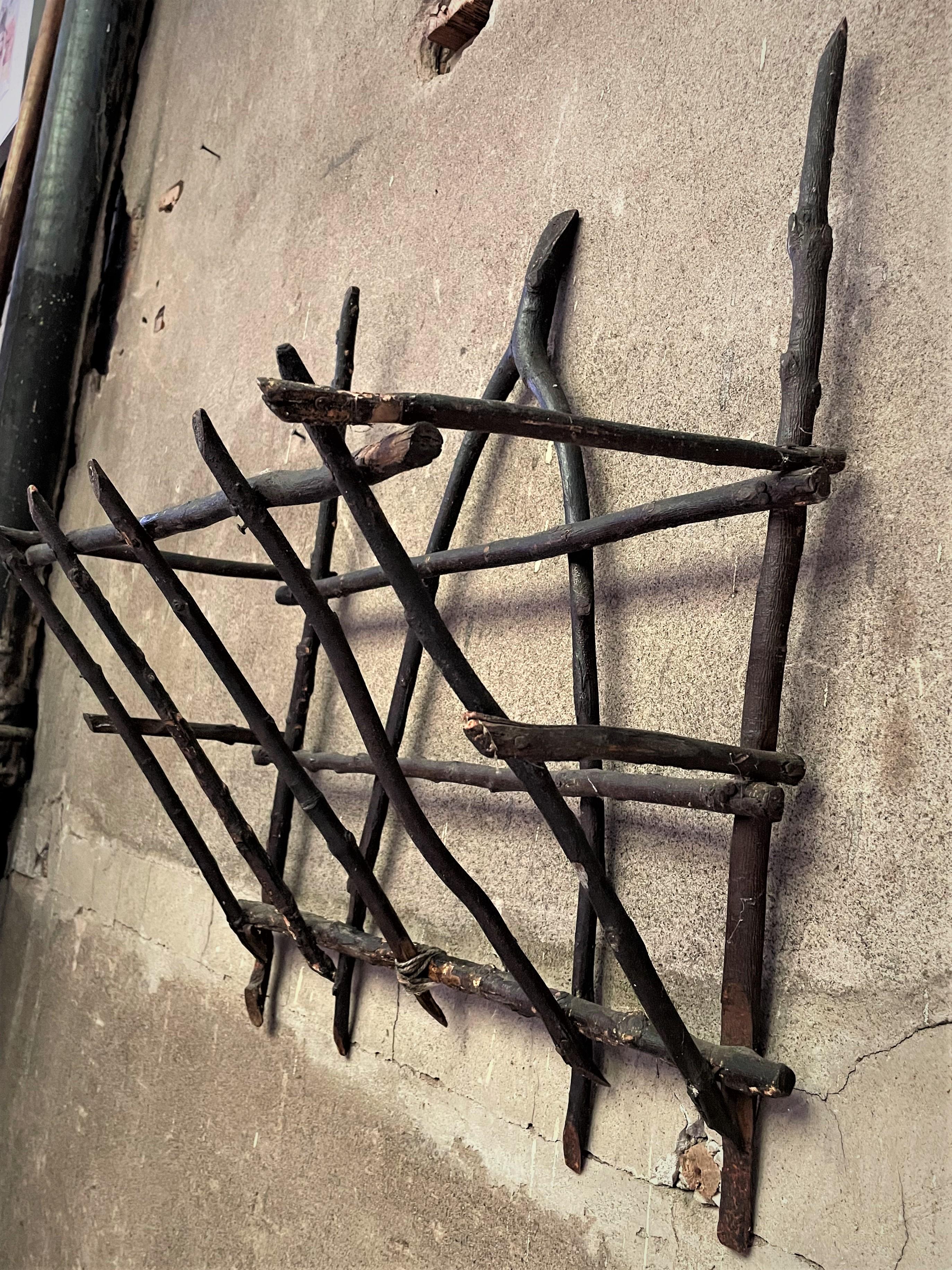 American Adirondack Folk Art Wishbone Twig Wall Mount Holder Basket Handmade Artisan For Sale