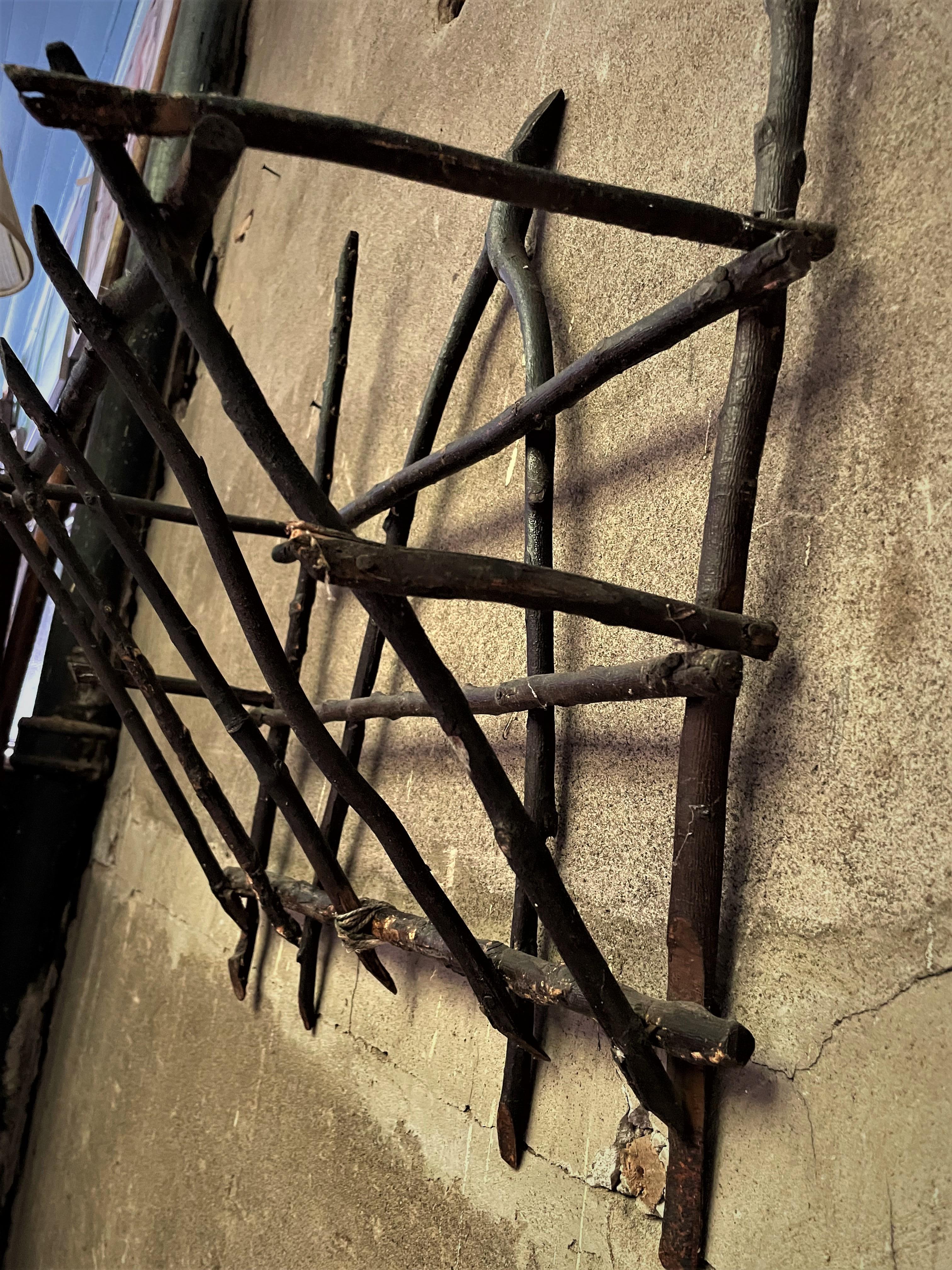 Adirondack Folk Art Wishbone Twig Wall Mount Holder Basket Handmade Artisan In Fair Condition For Sale In Clifton Forge, VA