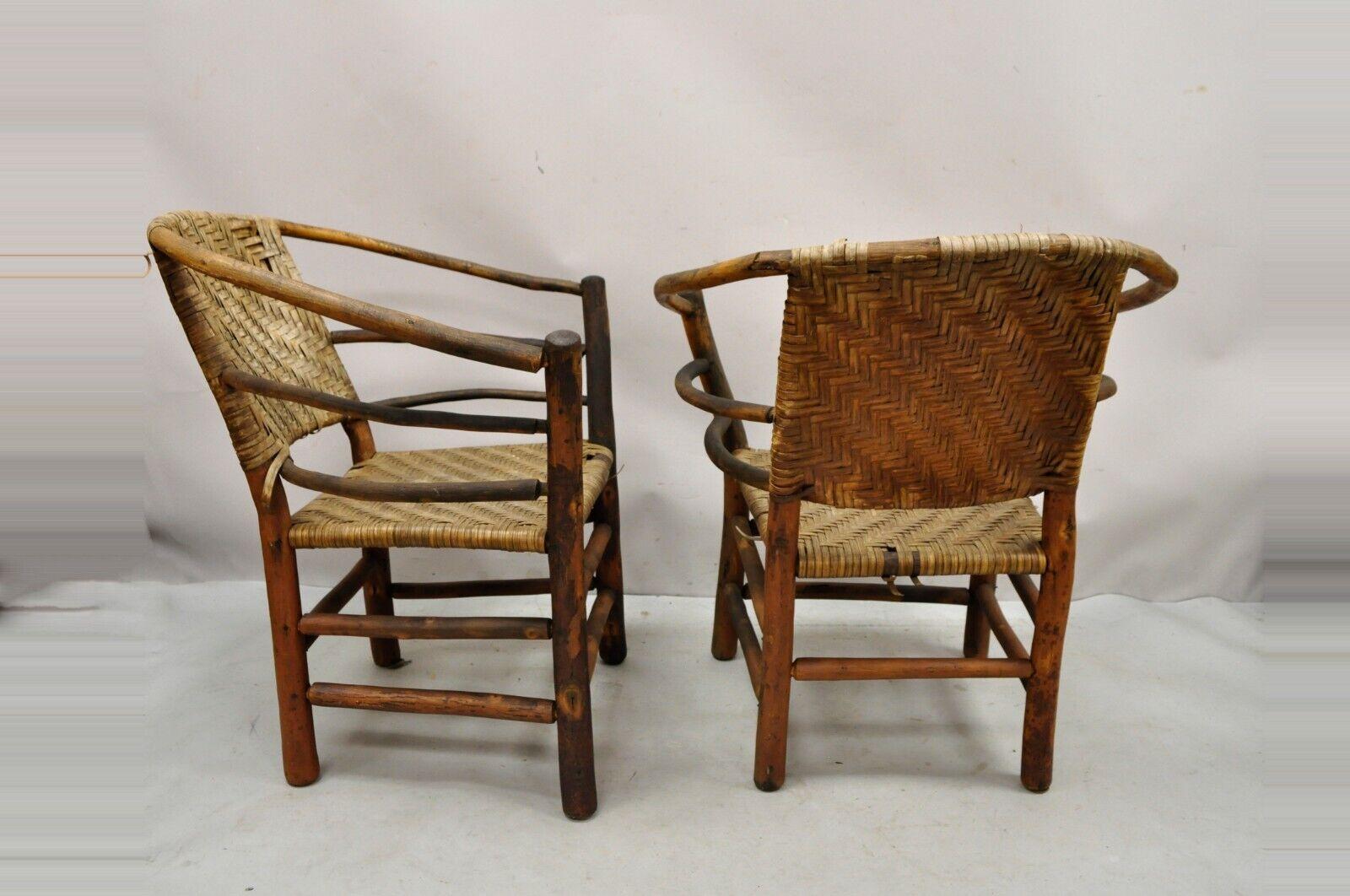 Adirondack Old Hickory Style Tree Branch Wood Frame Rattan Lounge Chairs a Pair For Sale 4