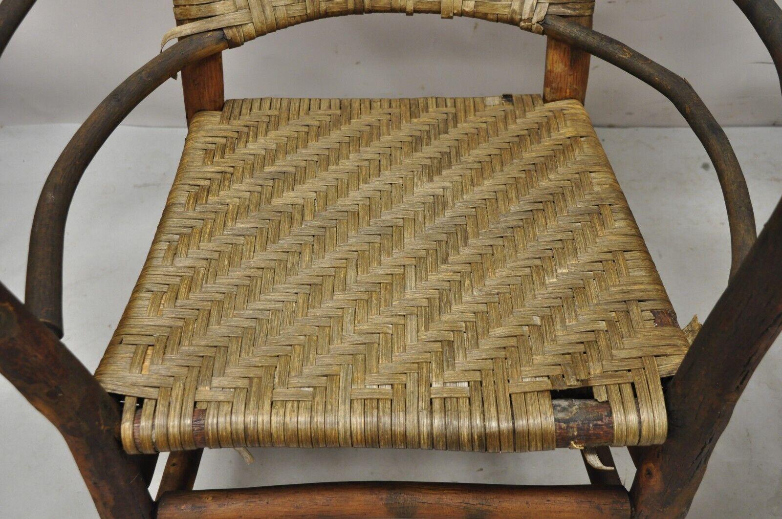 20th Century Adirondack Old Hickory Style Tree Branch Wood Frame Rattan Lounge Chairs a Pair For Sale