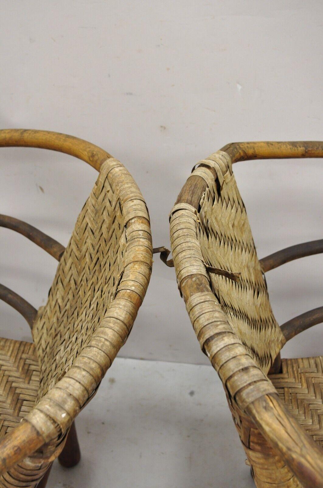 Adirondack Old Hickory Style Tree Branch Wood Frame Rattan Lounge Chairs a Pair For Sale 3