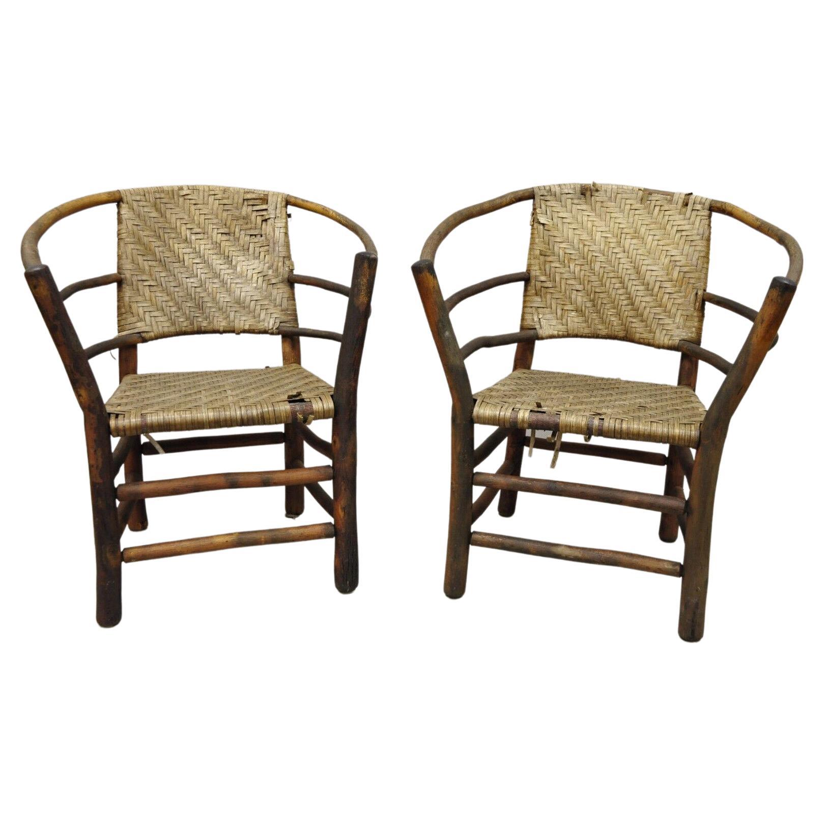 Adirondack Old Hickory Style Tree Branch Wood Frame Rattan Lounge Chairs a Pair For Sale