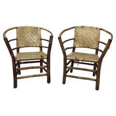 Adirondack Old Hickory Style Tree Branch Wood Frame Rattan Lounge Chairs a Pair