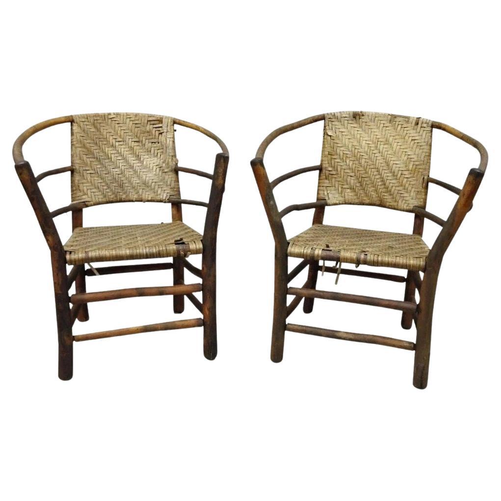 Adirondack Old Hickory Style Tree Branch Wood Frame Rattan Lounge Chairs a Pair For Sale