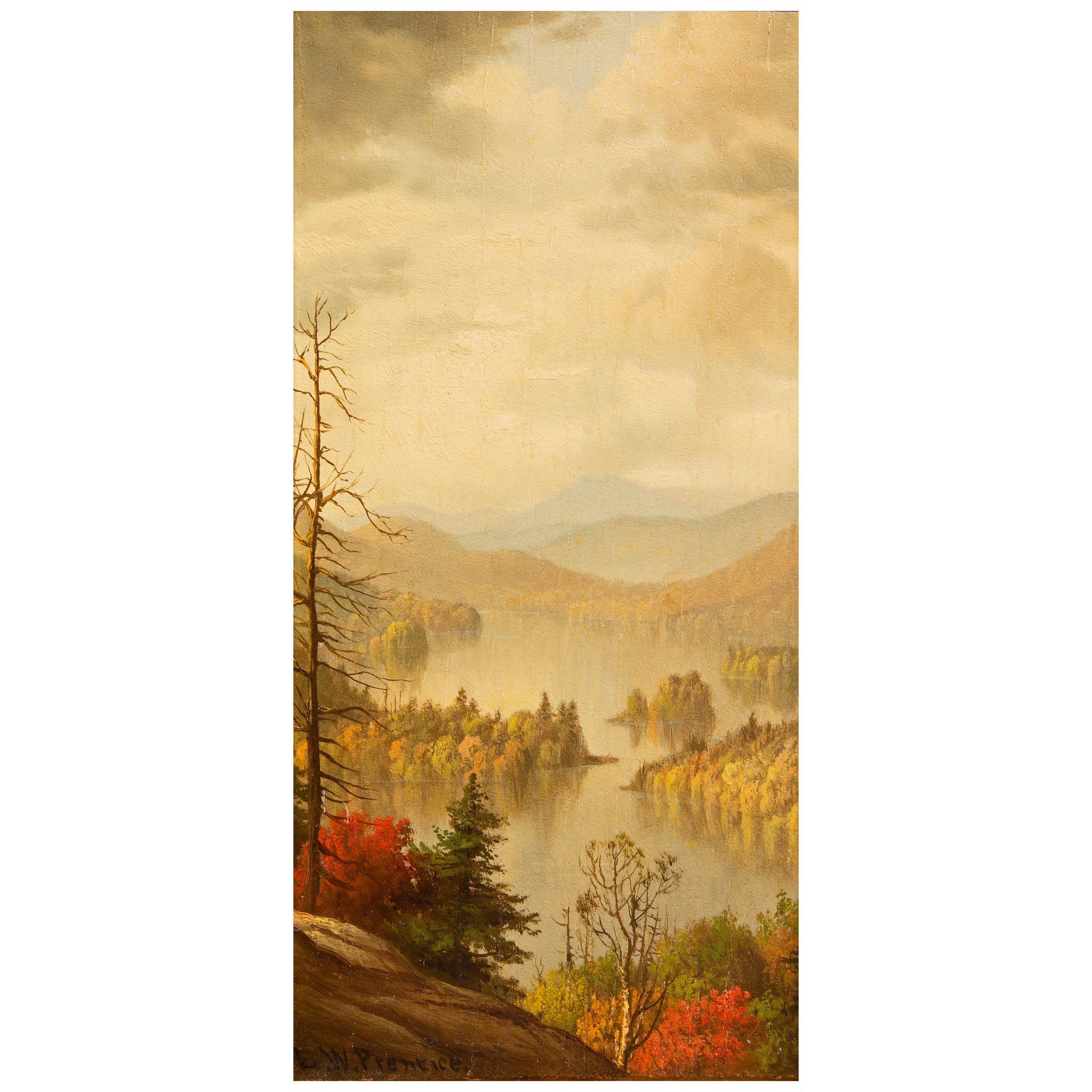 Pair of landscape paintings by Levi Wells Prentice (1851-1935). Views of Whiteface Mountain and Blue Mountain Lake. Oil on panel. One of several art works we are selling from a living estate.
Prentice was born in Lewis County, New York in the