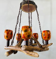 Adirondack Style Wood Chandelier with Orange Glass Globe Hurricane Shades