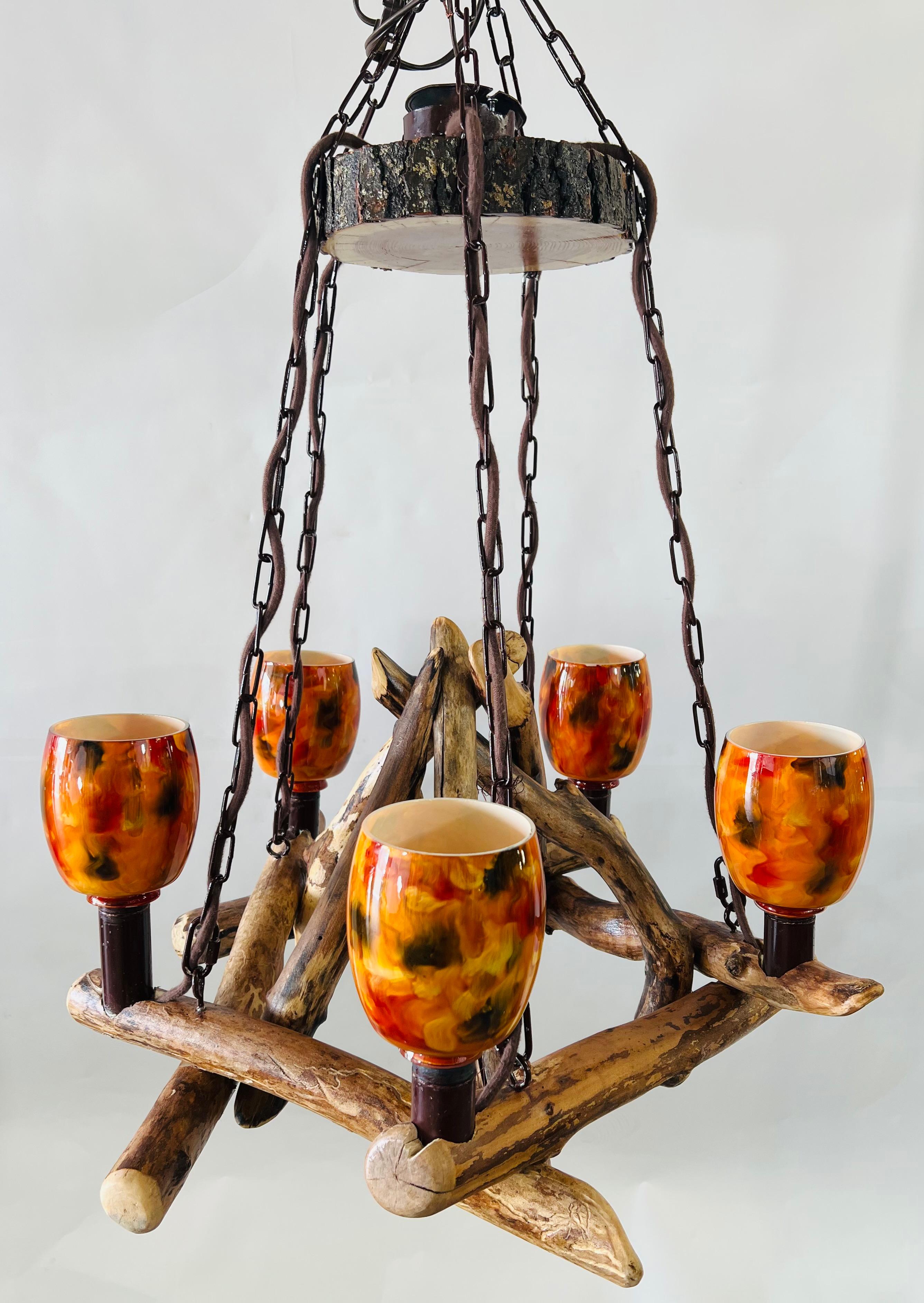 Adirondack Style Wood Chandelier with Orange Glass Globe Hurricane Shades In Good Condition In Plainview, NY