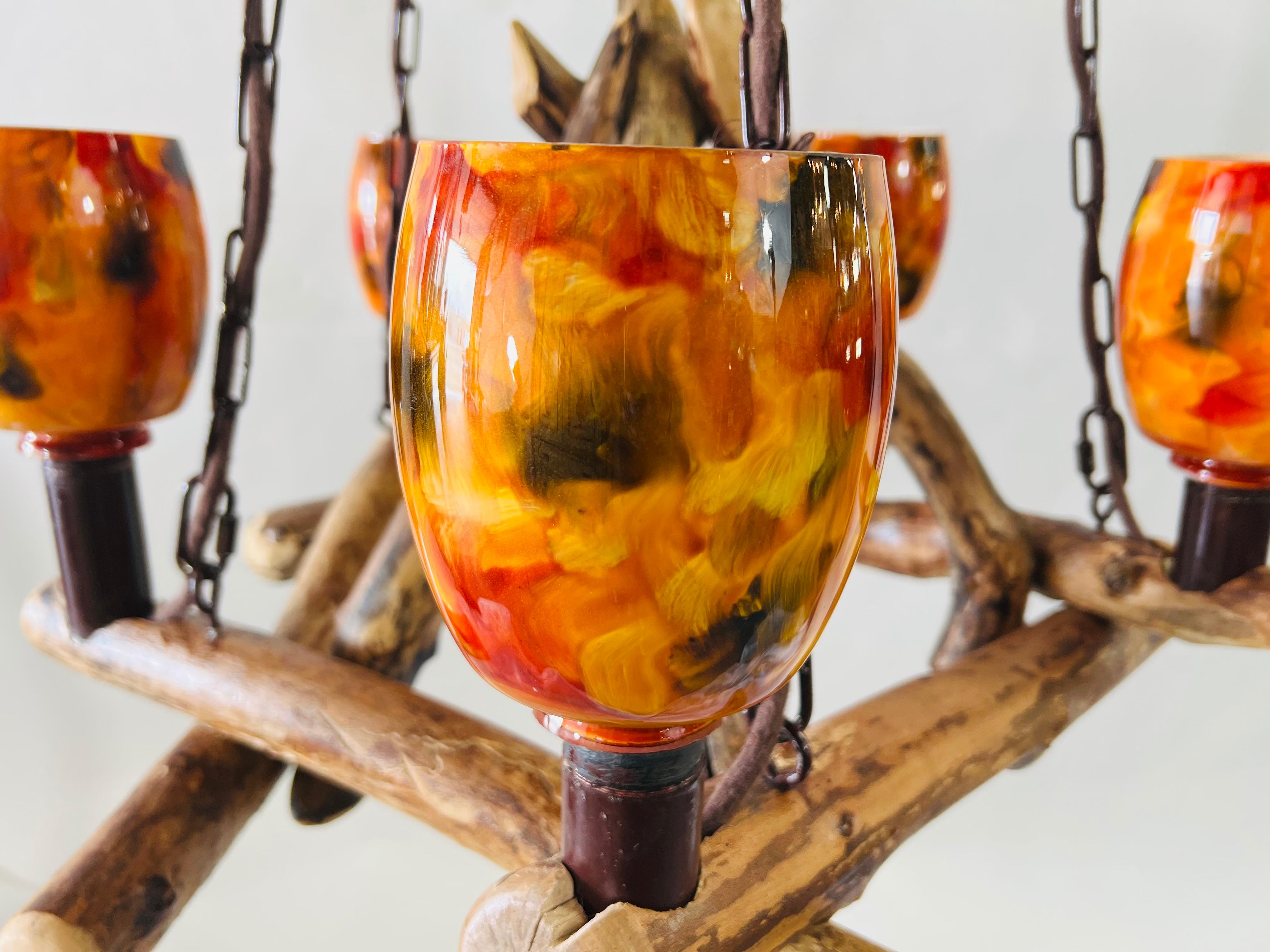 Adirondack Style Wood Chandelier with Orange Glass Globe Hurricane Shades 2