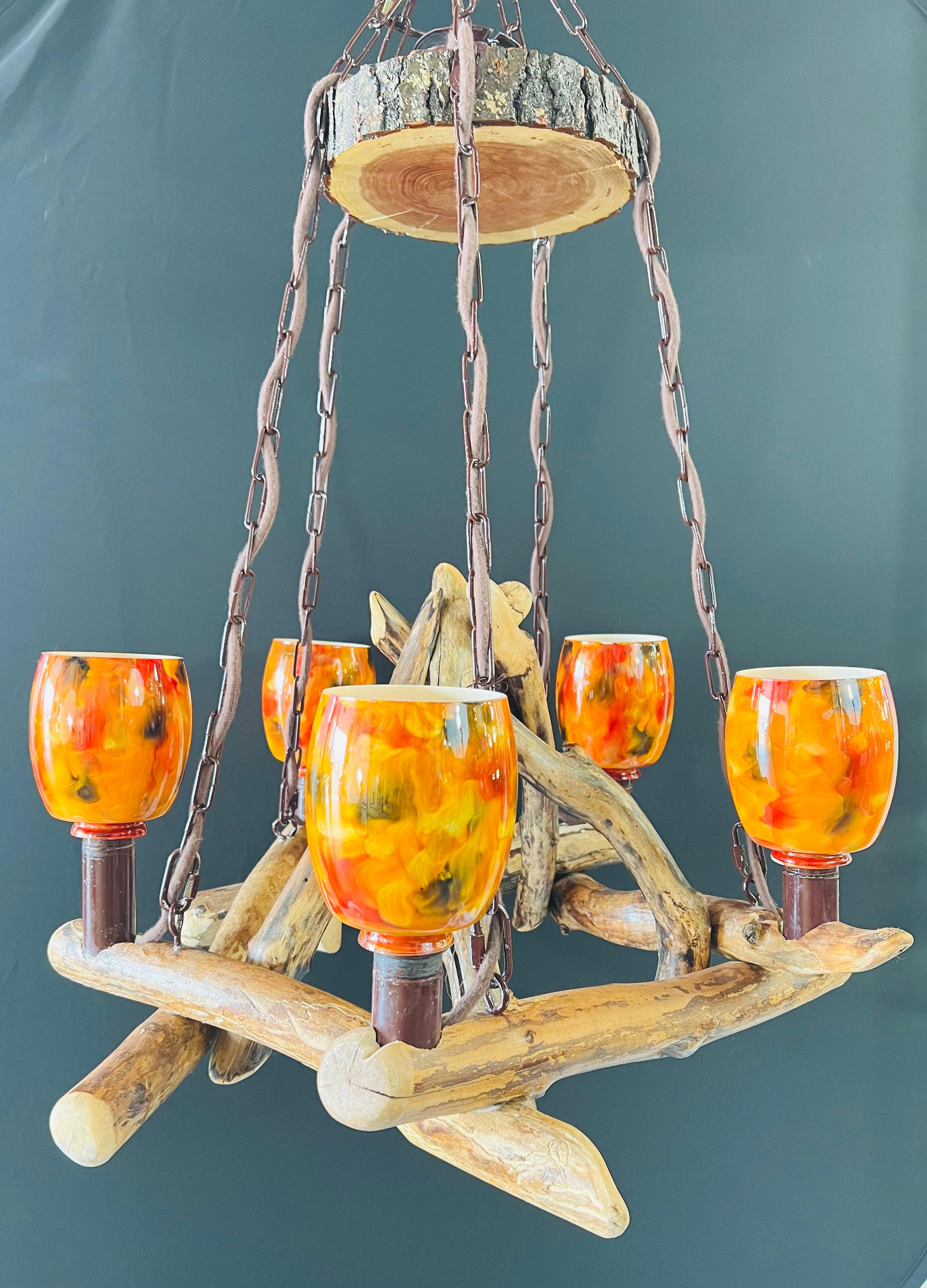 Adirondack Style Wood Chandelier with Orange Glass Globe Hurricane Shades 3
