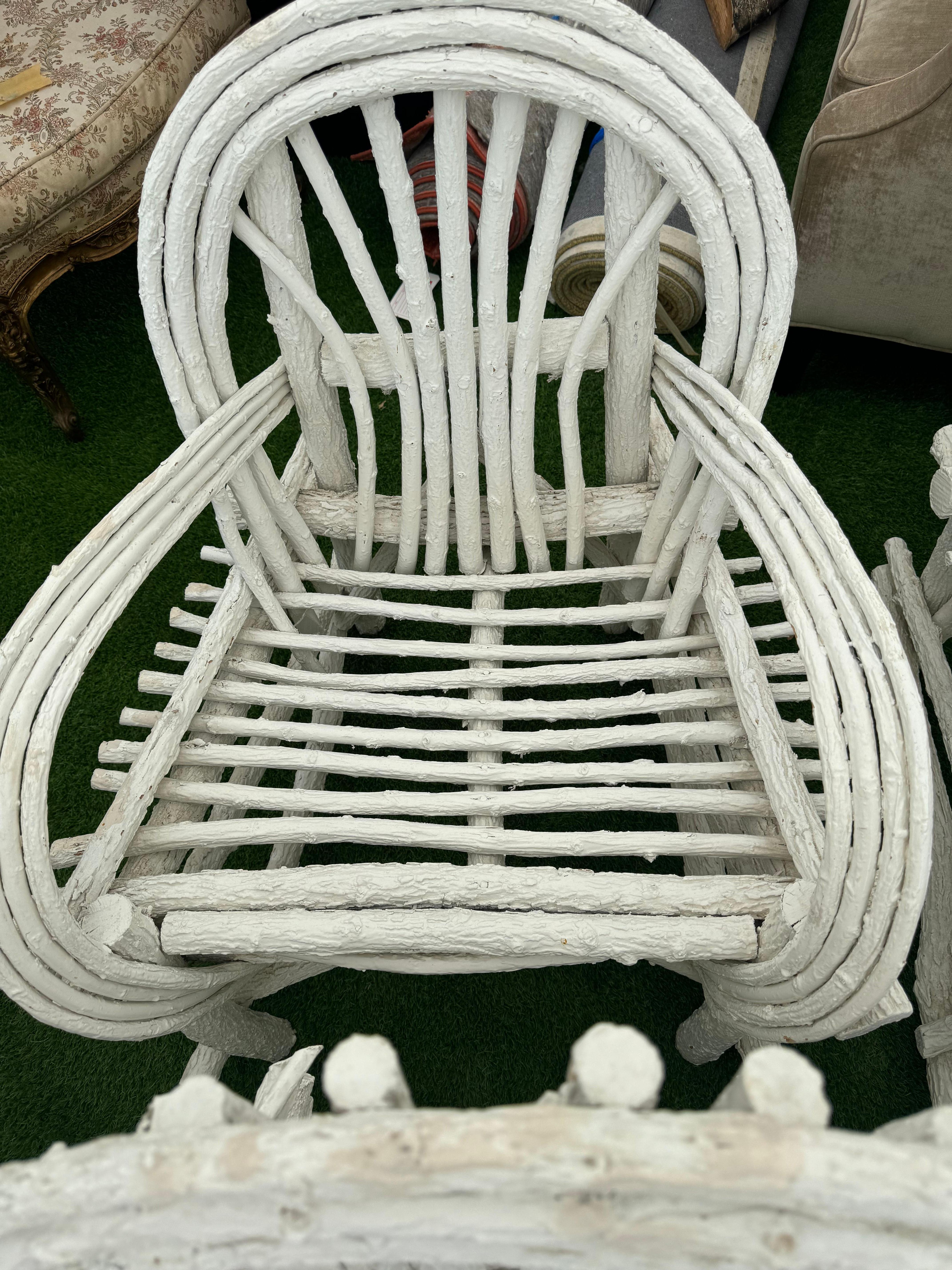 These amazing chairs are made of twigs and branches. The were well thought out and creatively designed. They vary in sizes from 25” wide to 30” wide. The height varies as well. Around 34-36”. They are being sold per item so you may purchase as few