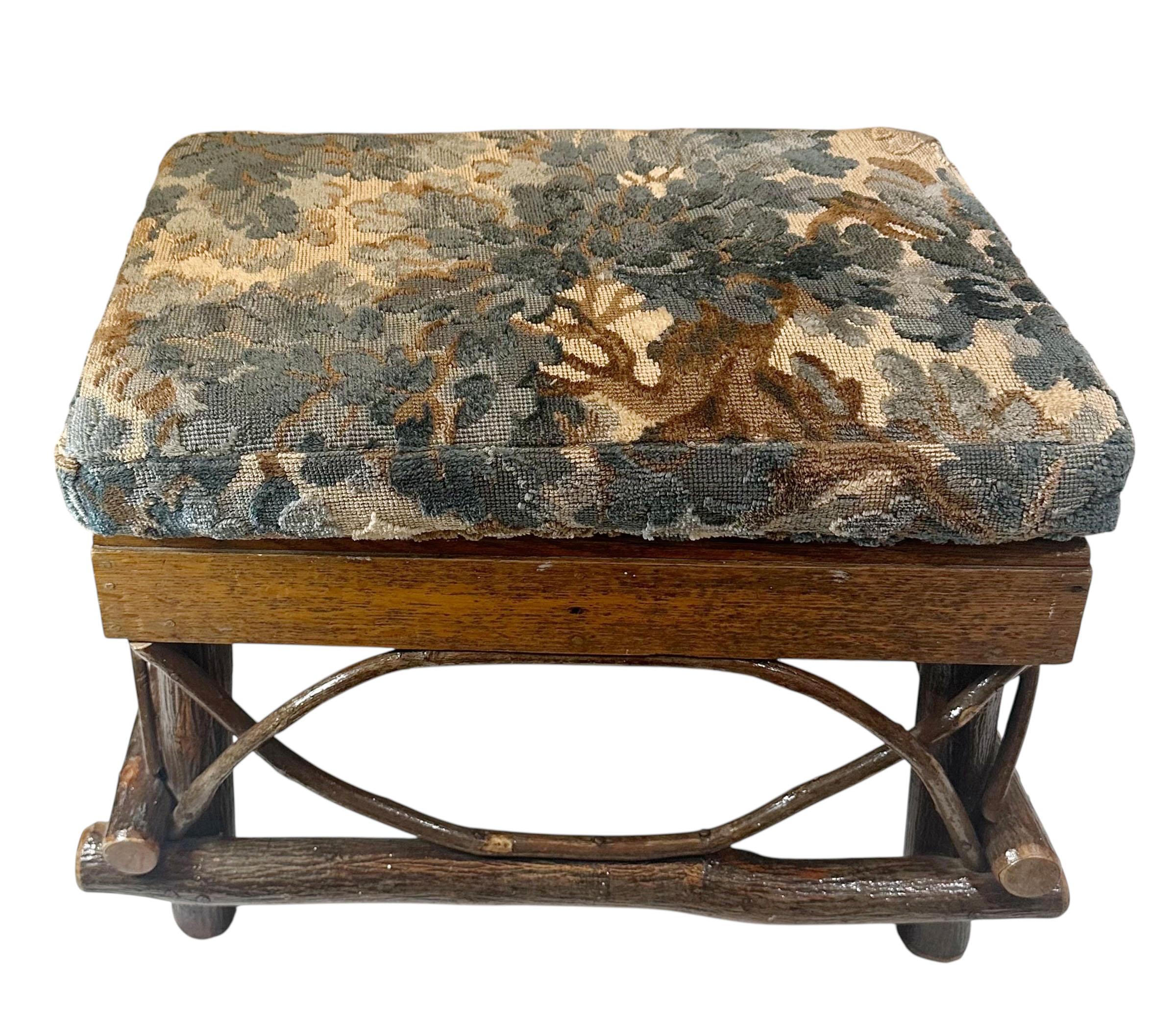 American Adirondack Twig Stool With Vintage Cut Velvet Fabric For Sale