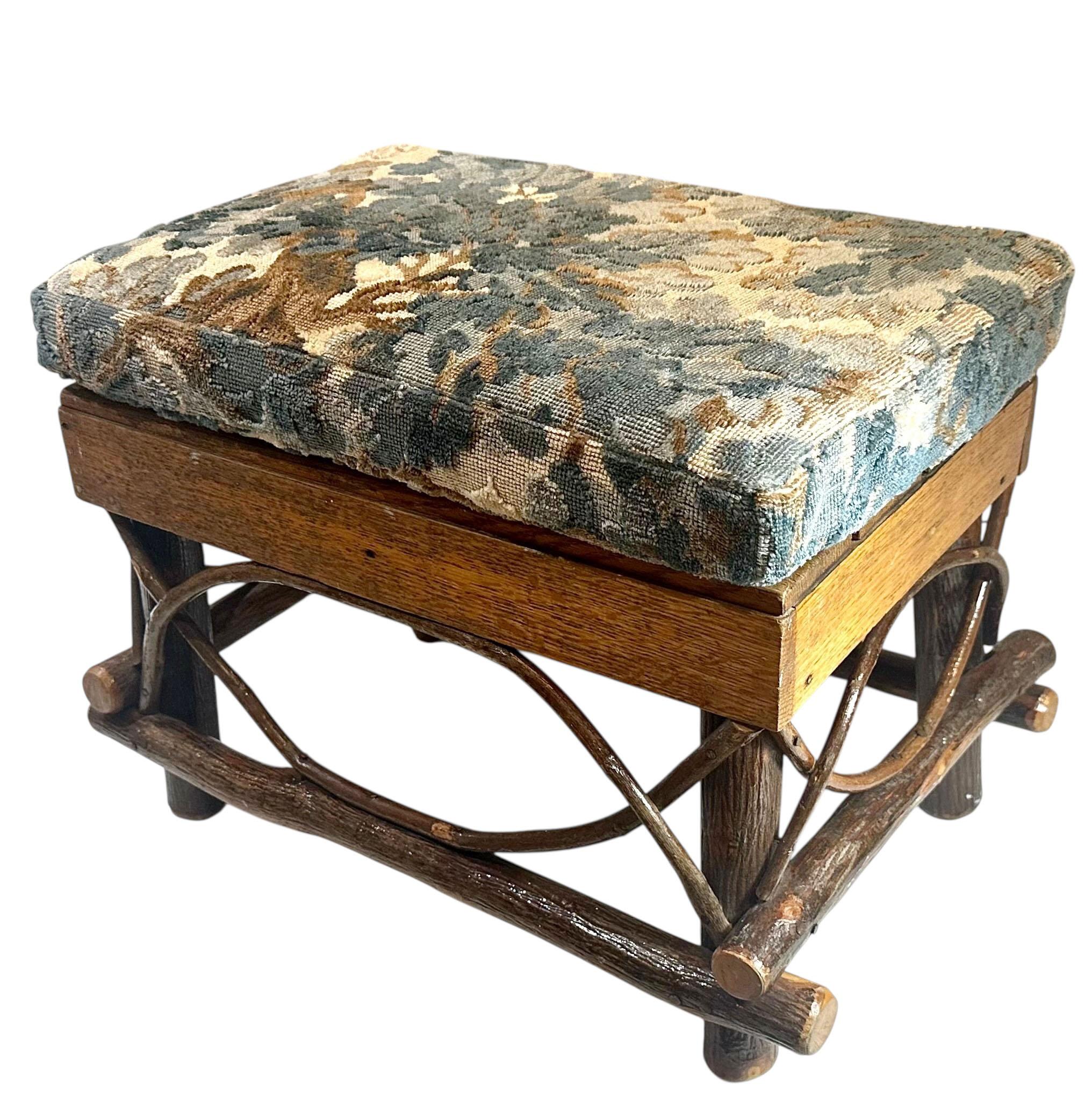 Mid-20th Century Adirondack Twig Stool With Vintage Cut Velvet Fabric For Sale