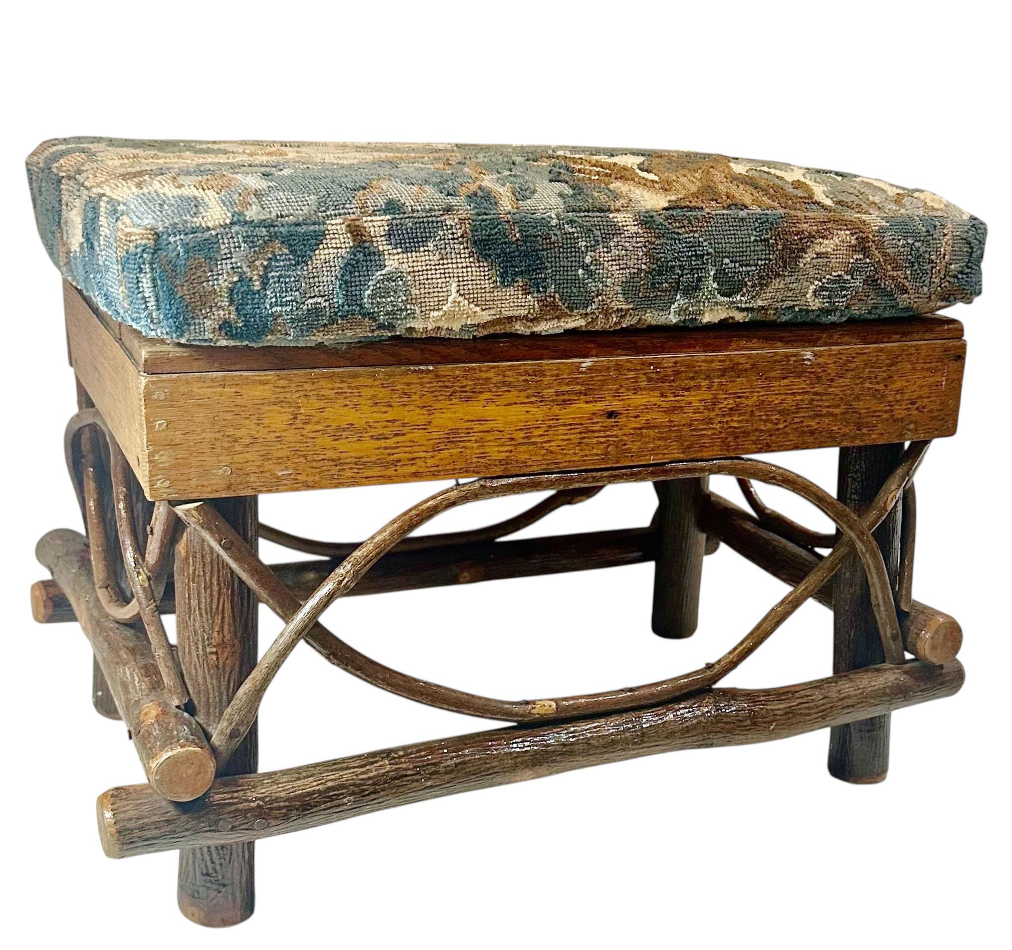 Adirondack Twig Stool With Vintage Cut Velvet Fabric For Sale 1