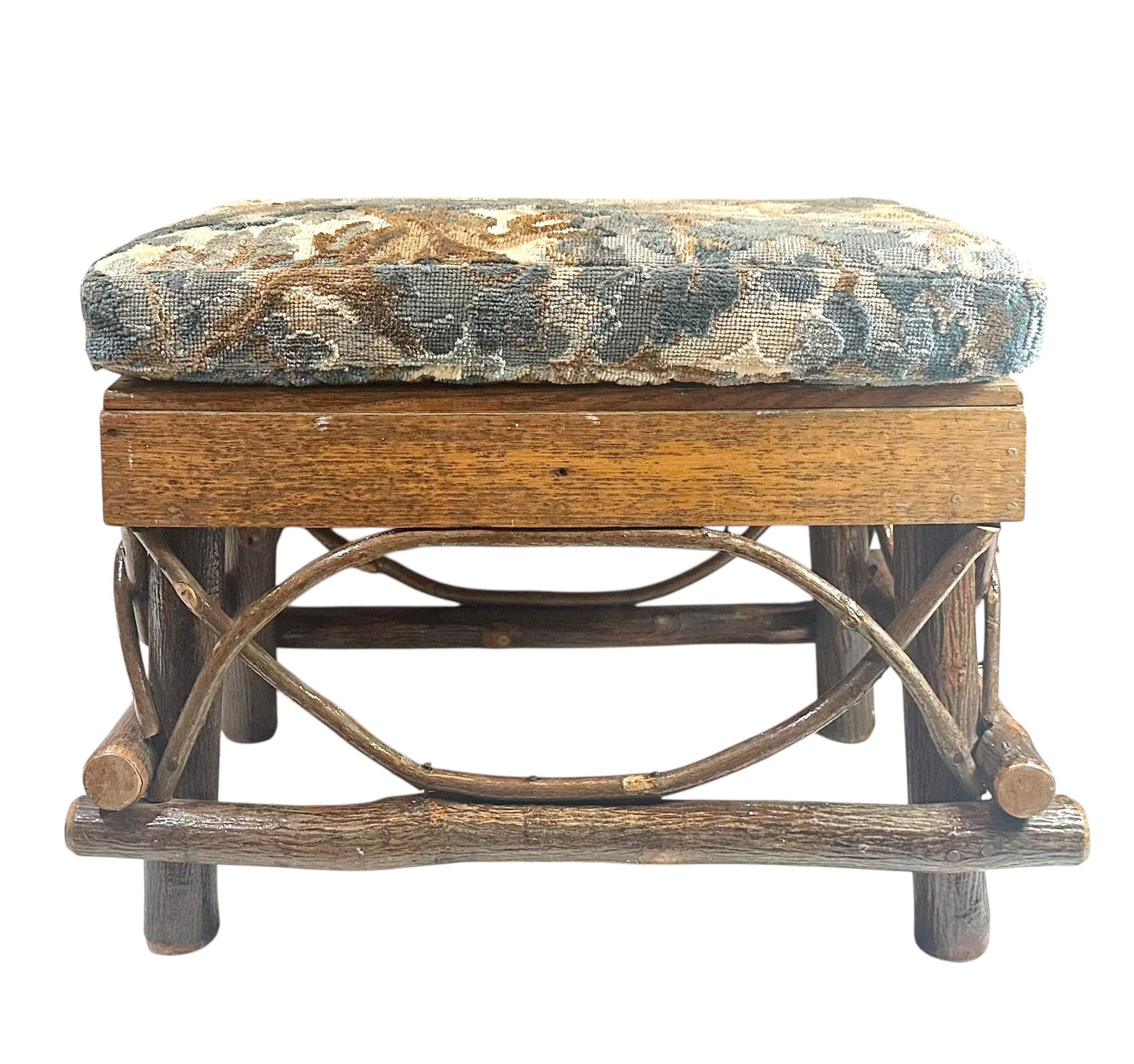Adirondack Twig Stool With Vintage Cut Velvet Fabric For Sale 2