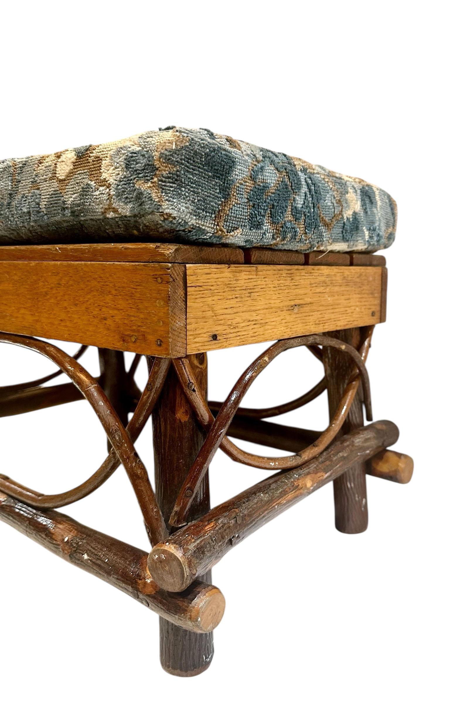 Adirondack Twig Stool With Vintage Cut Velvet Fabric For Sale 4