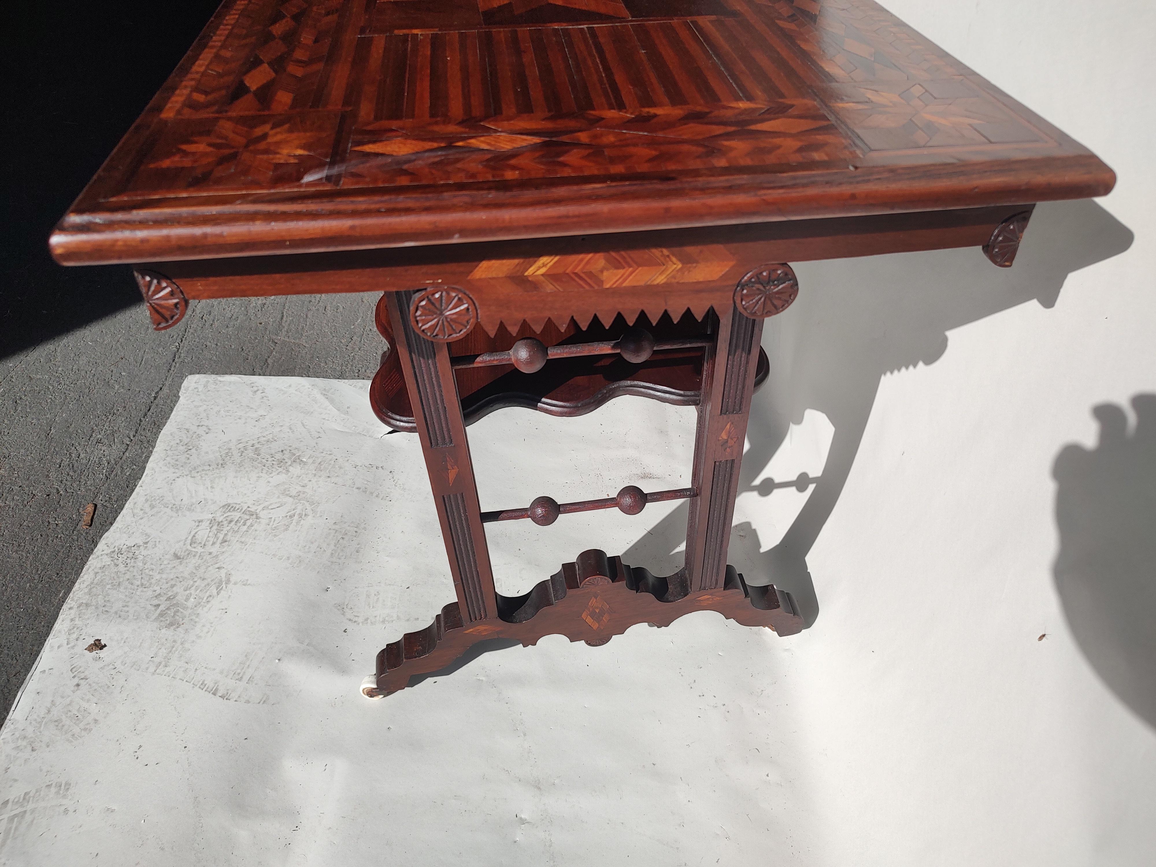 American Adirondack Victorian Game Center Table with Marquetry Inlay, 1870