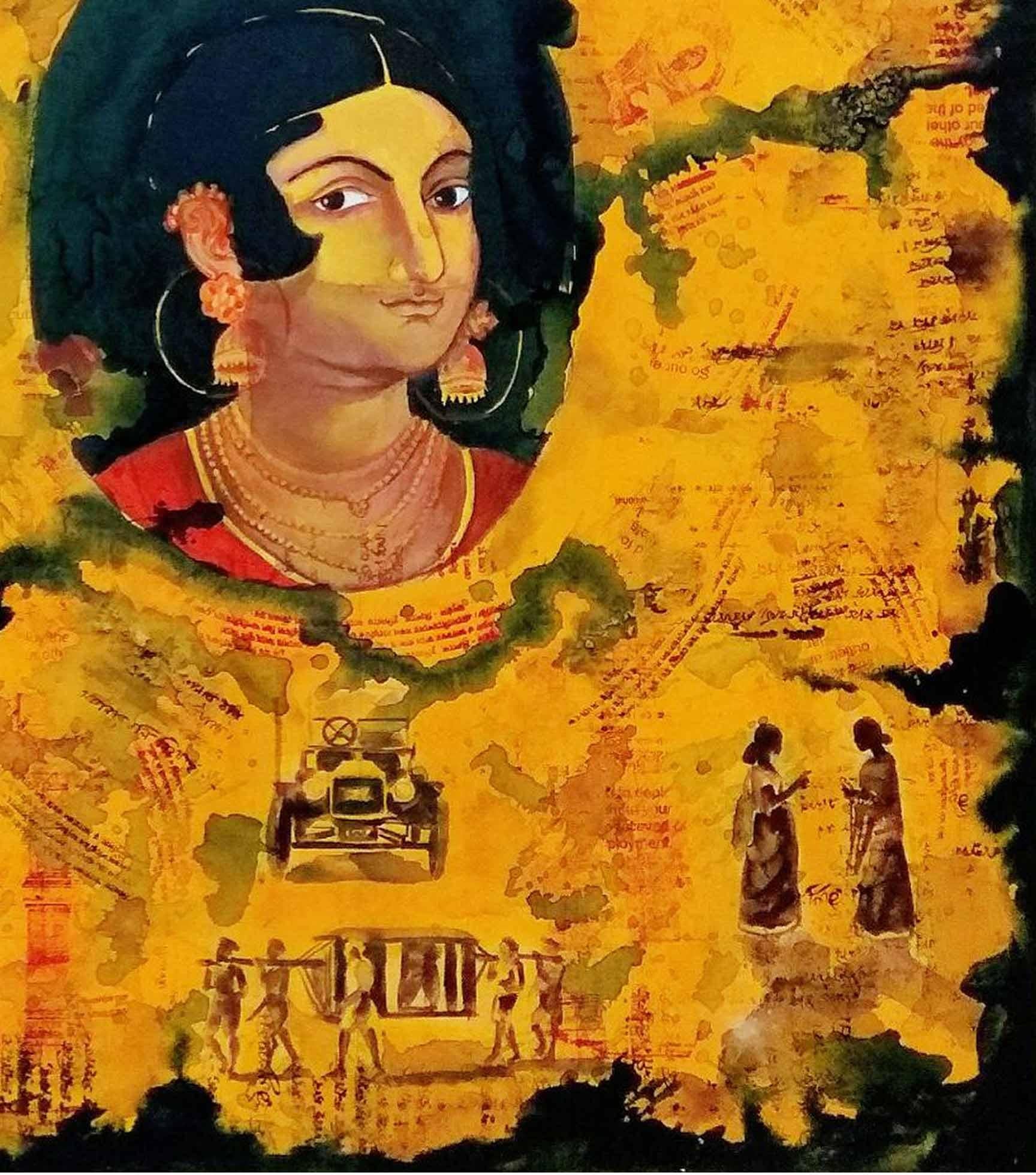Indian Woman, Citylife, Acrylic, Tempera on Canvas, Green, Yellow, Red