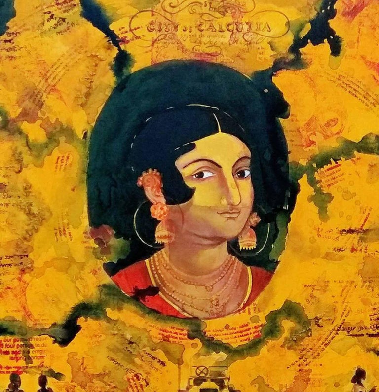 Indian Woman, Citylife, Acrylic, Tempera on Canvas, Green, Yellow, Red