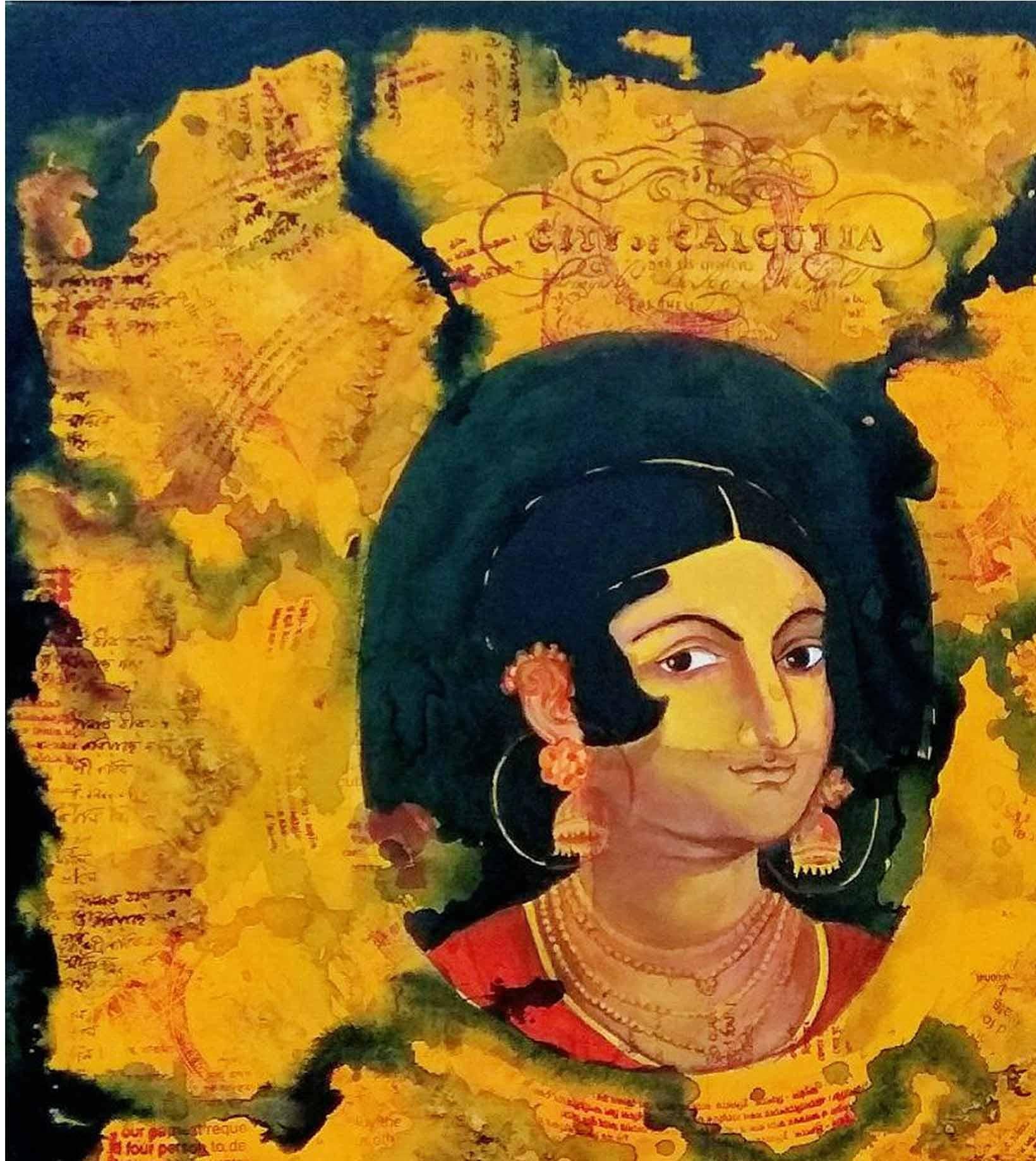 Mujer india, Vida urbana, Acrílico, Témpera sobre lienzo, Verde, Amarillo, Rojo 