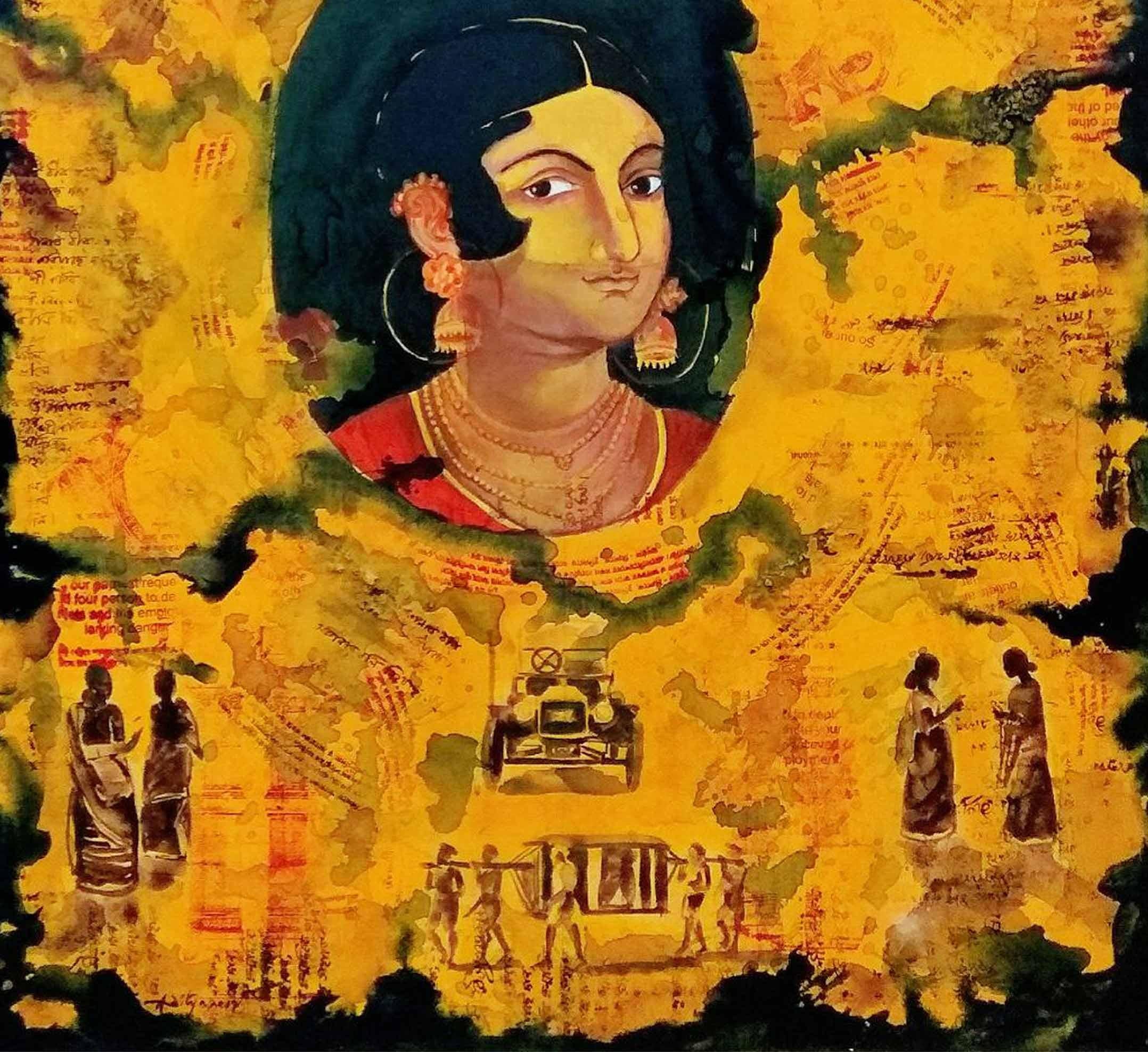 Indian Woman, Citylife, Acrylic, Tempera on Canvas, Green, Yellow, Red