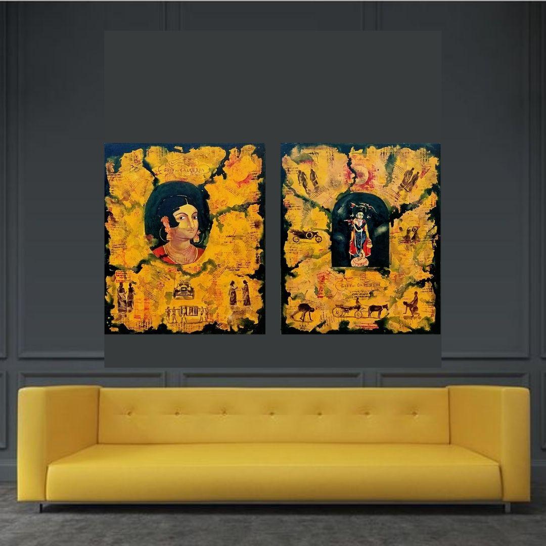 Mujer india, Vida urbana, Acrílico, Témpera sobre lienzo, Verde, Amarillo, Rojo 