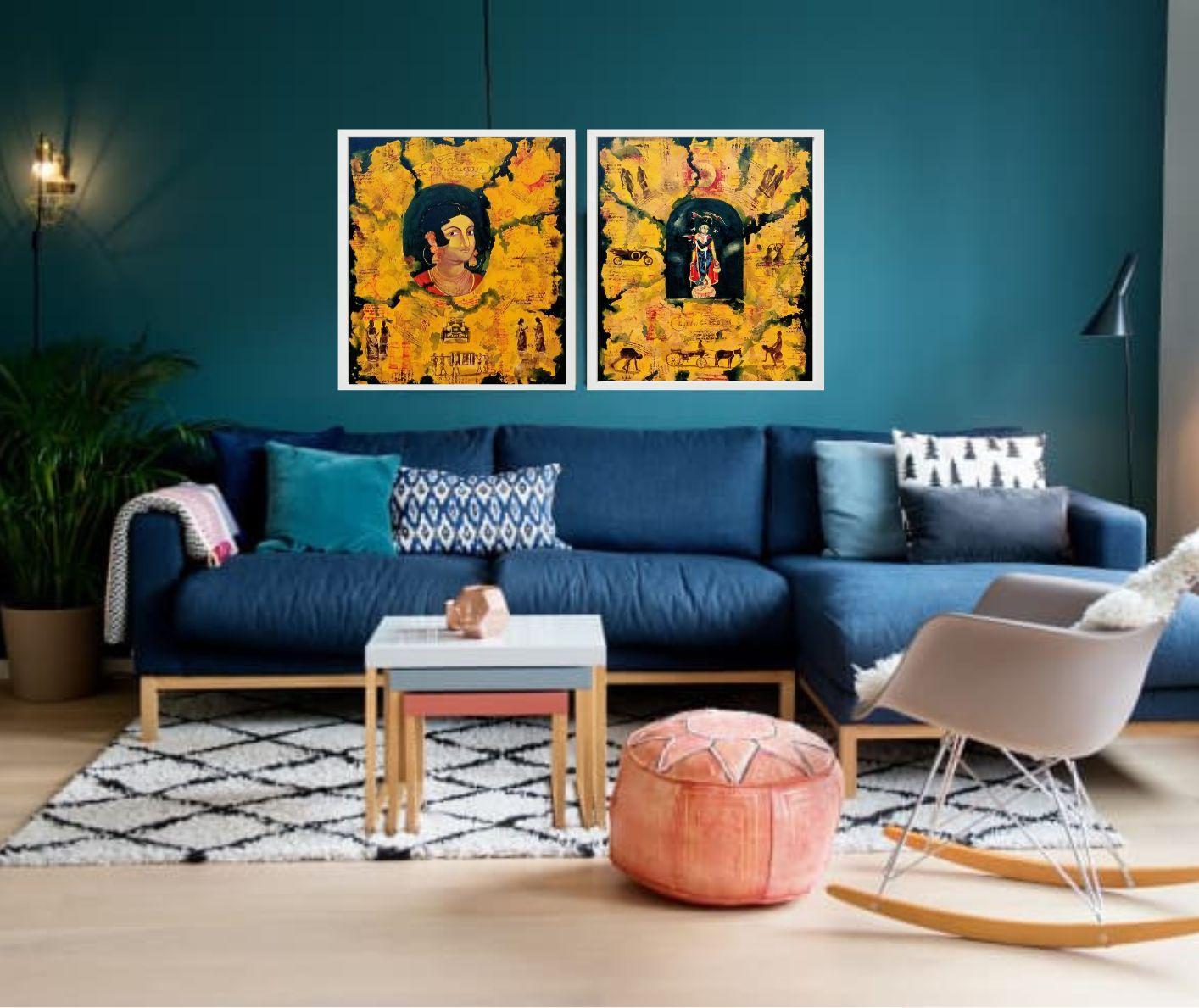 Krishna, mythologie, acrylique, Tempera, vert, jaune par l'artiste indien « en stock » en vente 4