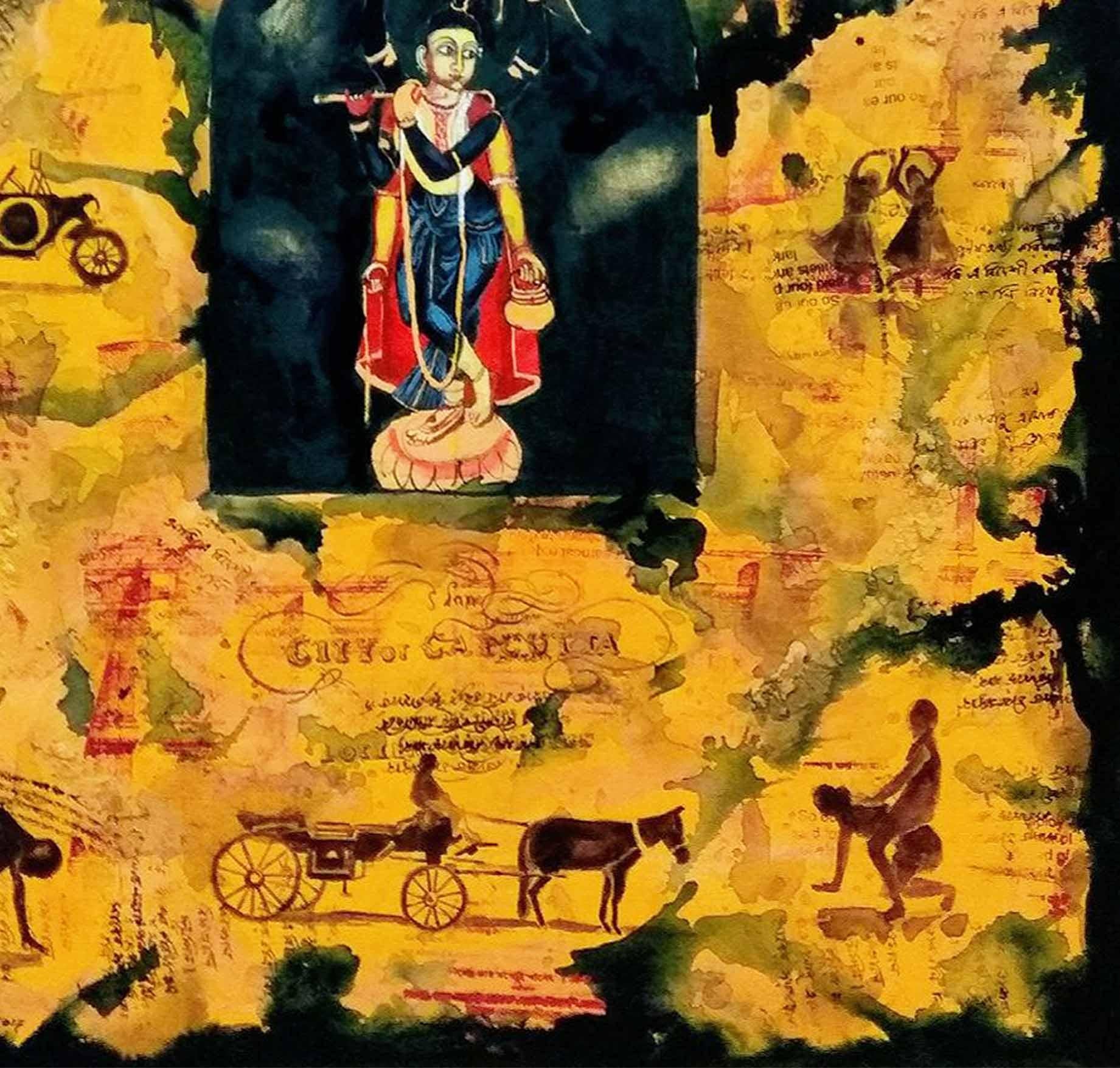 Krishna, mythologie, acrylique, Tempera, vert, jaune par l'artiste indien « en stock » - Painting de Aditya Basak 