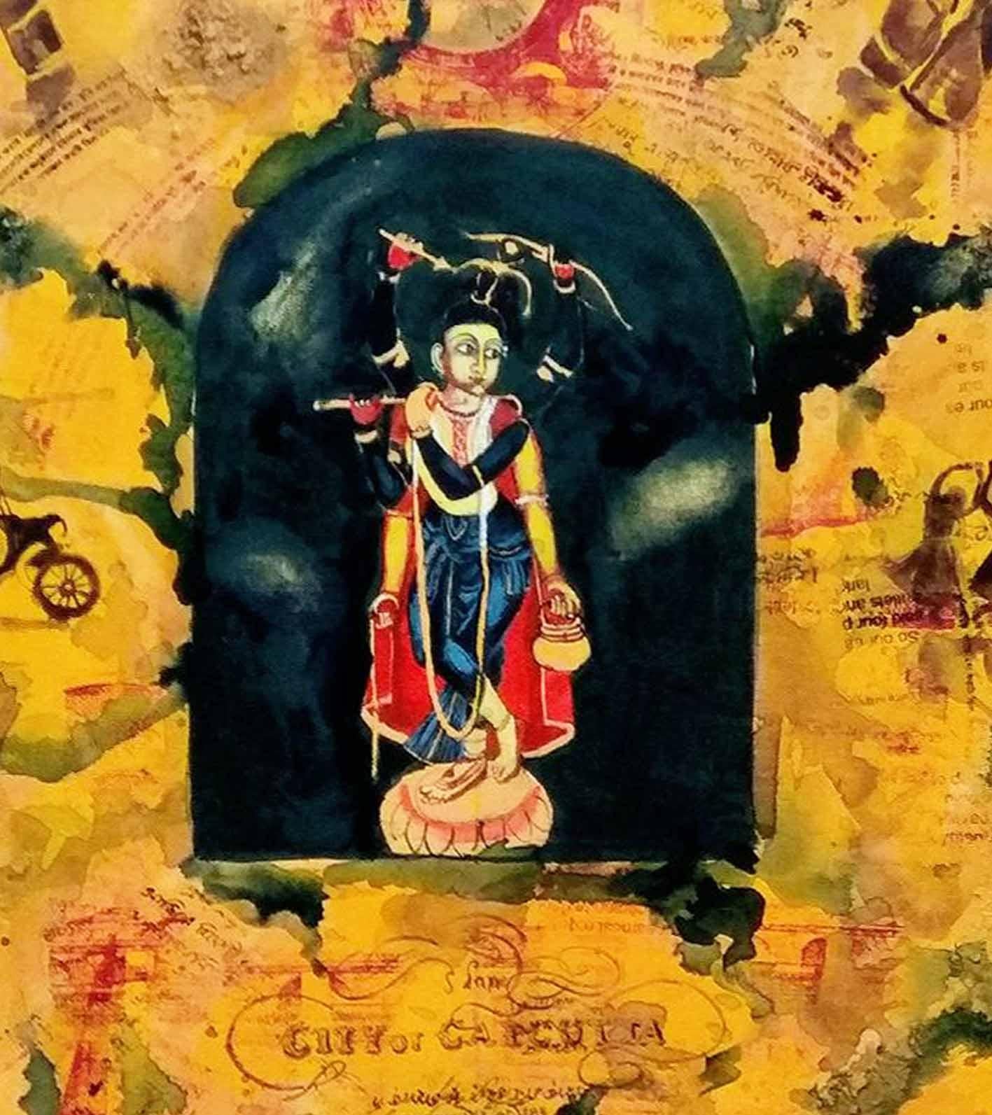 Krishna, mythologie, acrylique, Tempera, vert, jaune par l'artiste indien « en stock » - Conceptuel Painting par Aditya Basak 