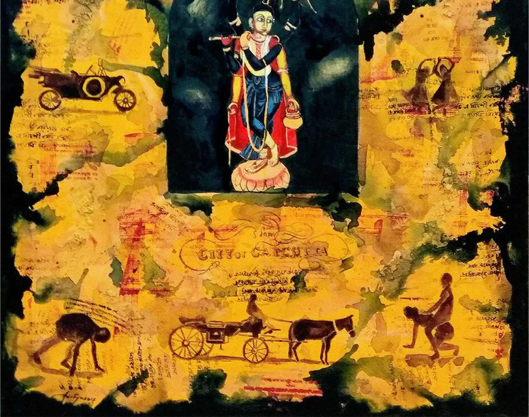 Krishna, mythologie, acrylique, Tempera, vert, jaune par l'artiste indien « en stock » en vente 1