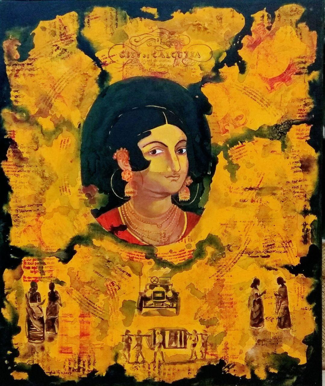 Femme indienne, Vie urbaine, Acrylique, Tempera sur toile, Vert, Jaune, Rouge "En stock"