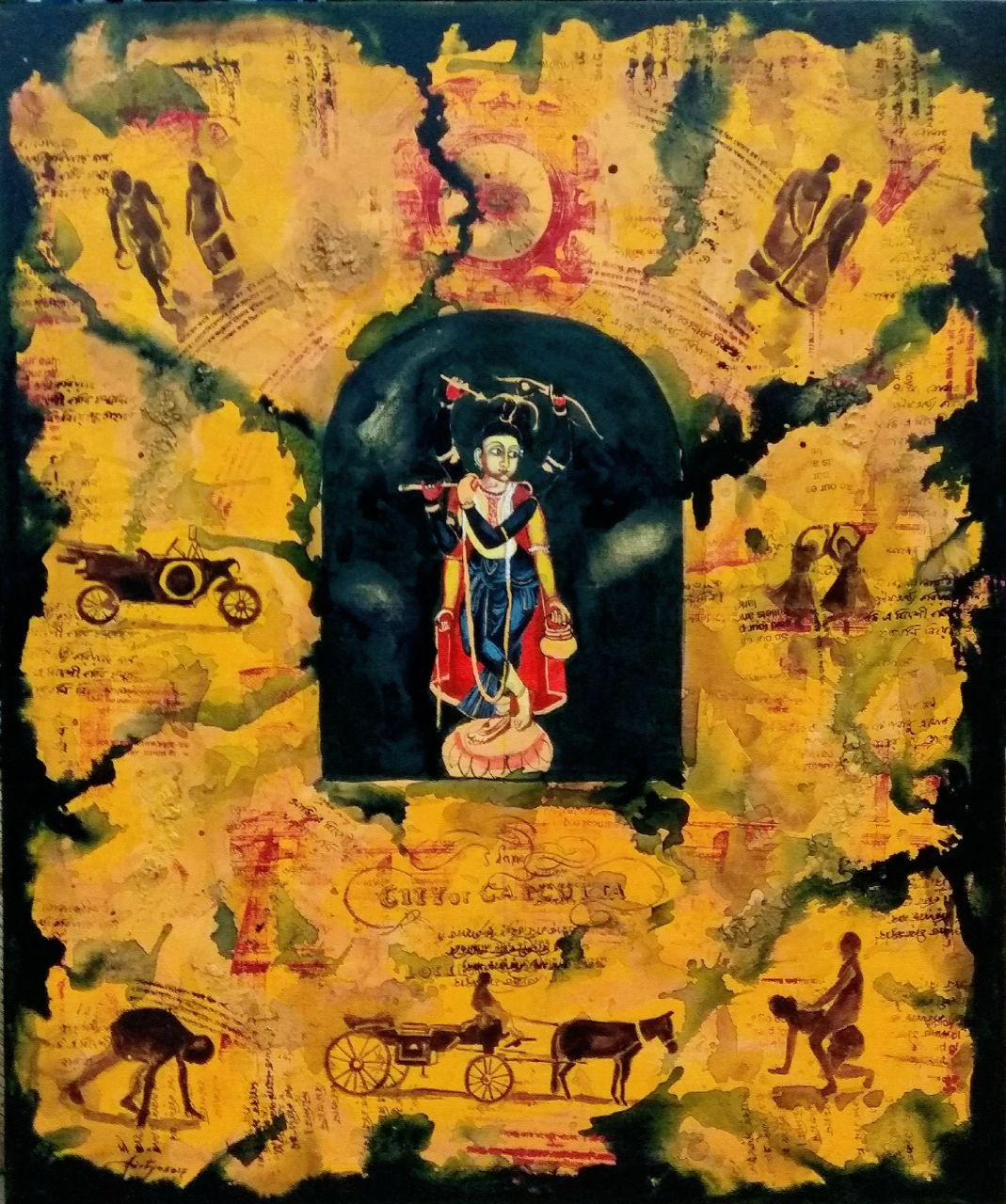 Aditya Basak  Interior Painting - Krishna, Mythology, Acrylic, Tempera, Green, Yellow by Indian Artist "In Stock"