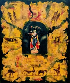 Krishna Krishna, Mythologie, Acryl, Tempera, Grün, Gelb von indischer Künstler, „Auf Lager“