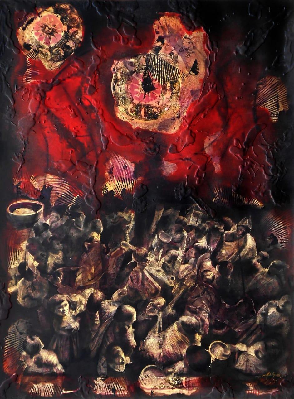 Proverty, Acrilico su tela, Marrone, Nero, Rosso di Artista contemporaneo "In magazzino" - Mixed Media Art di Aditya Basak 