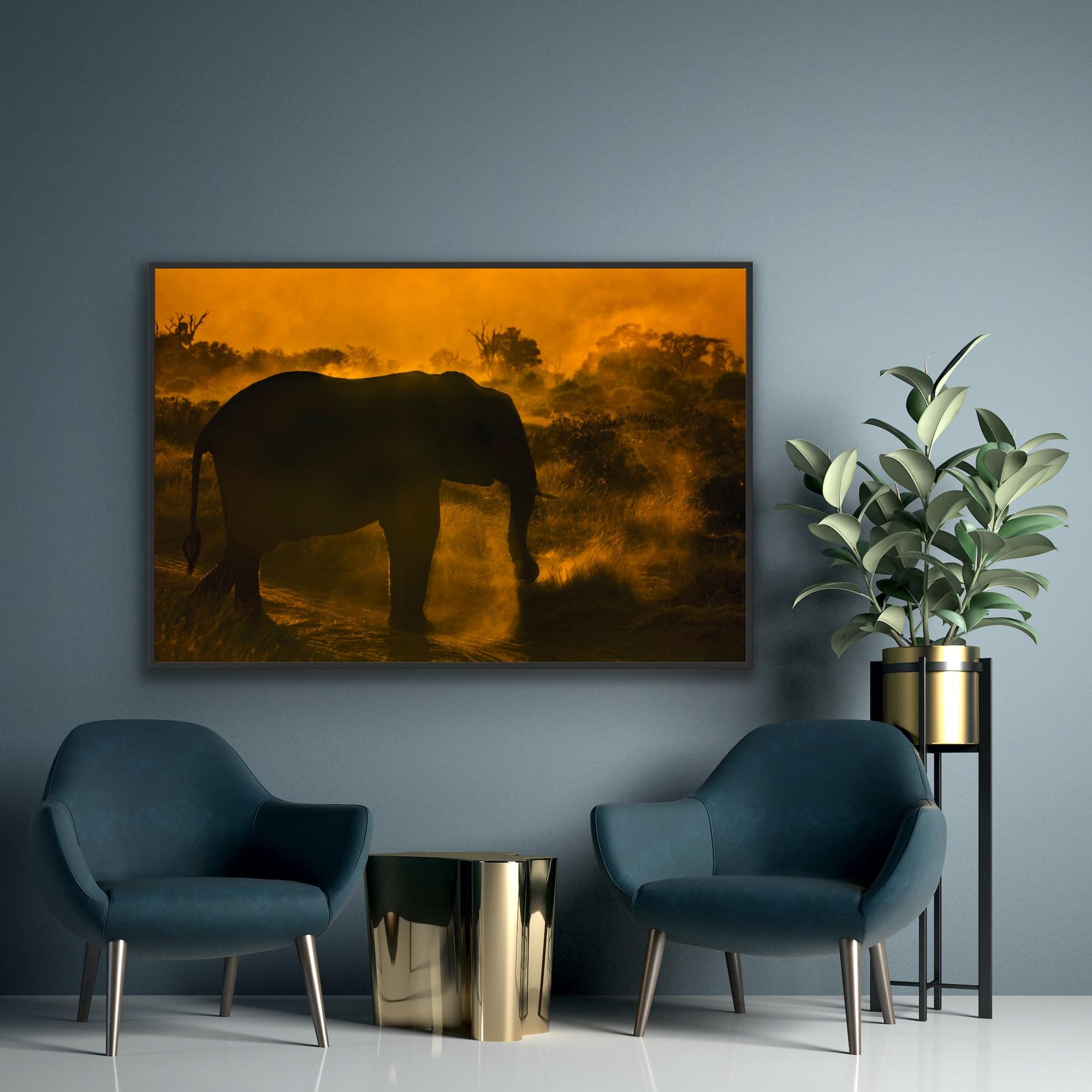  Landscape Large Photograph Nature Elephant Wildlife Africa Orange Trees Sunset - Black Animal Print by Aditya Dicky Singh