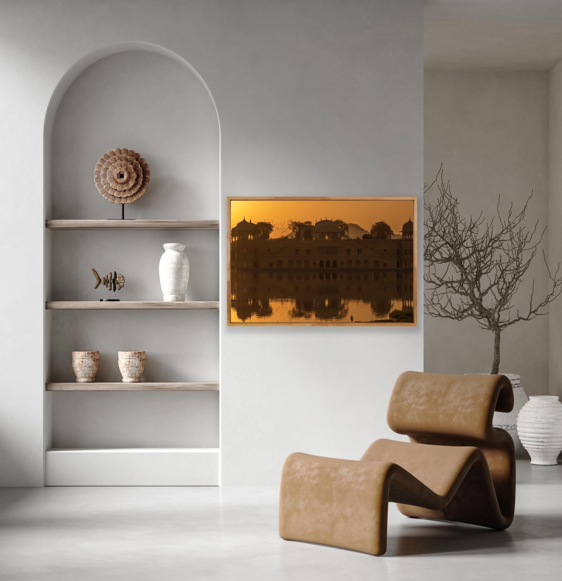 Grand paysage Inde Patrimoine Lac Nature Faune Oiseaux Coucher de soleil Orange en vente 7
