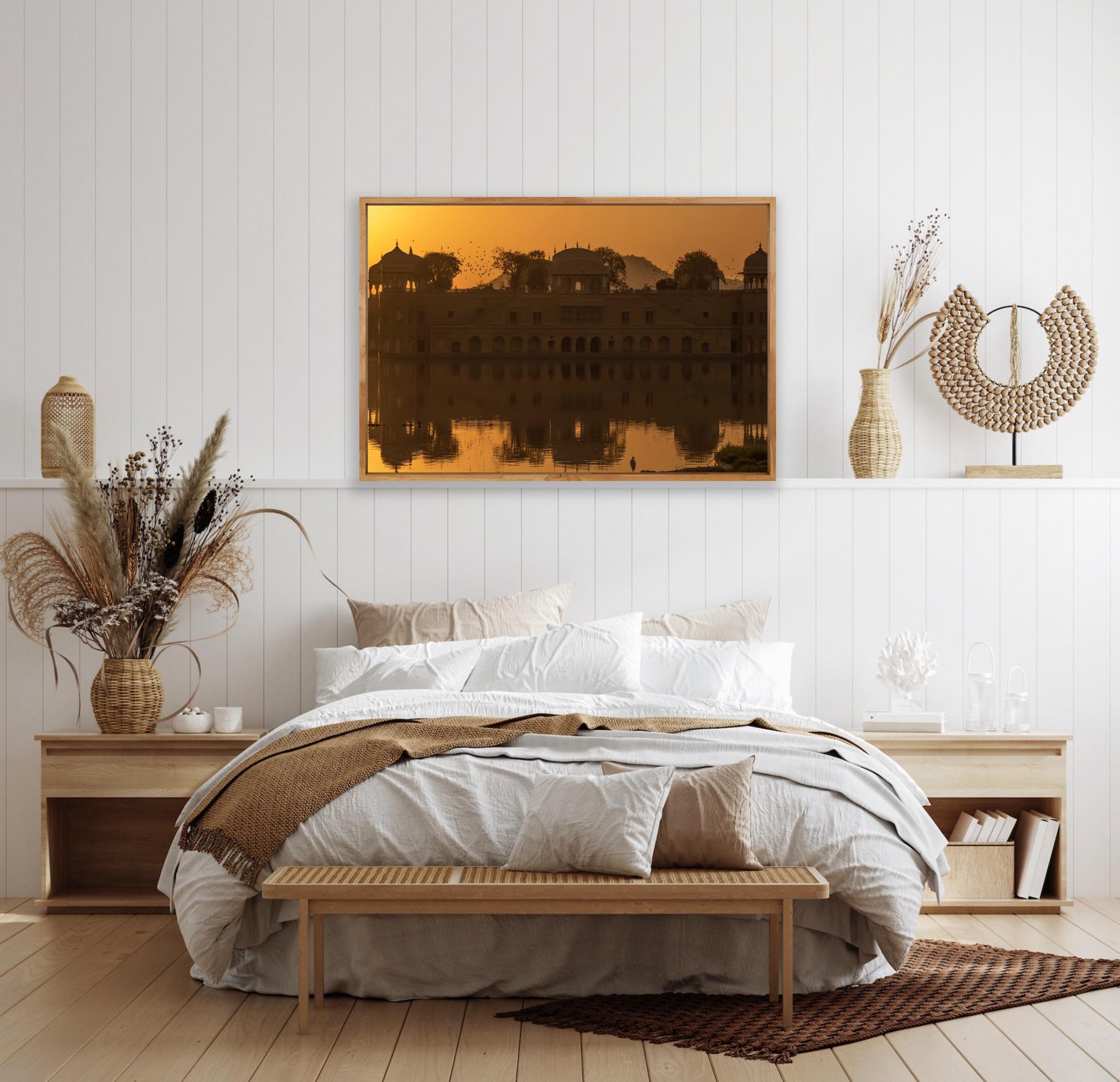Grand paysage Inde Patrimoine Lac Nature Faune Oiseaux Coucher de soleil Orange en vente 9