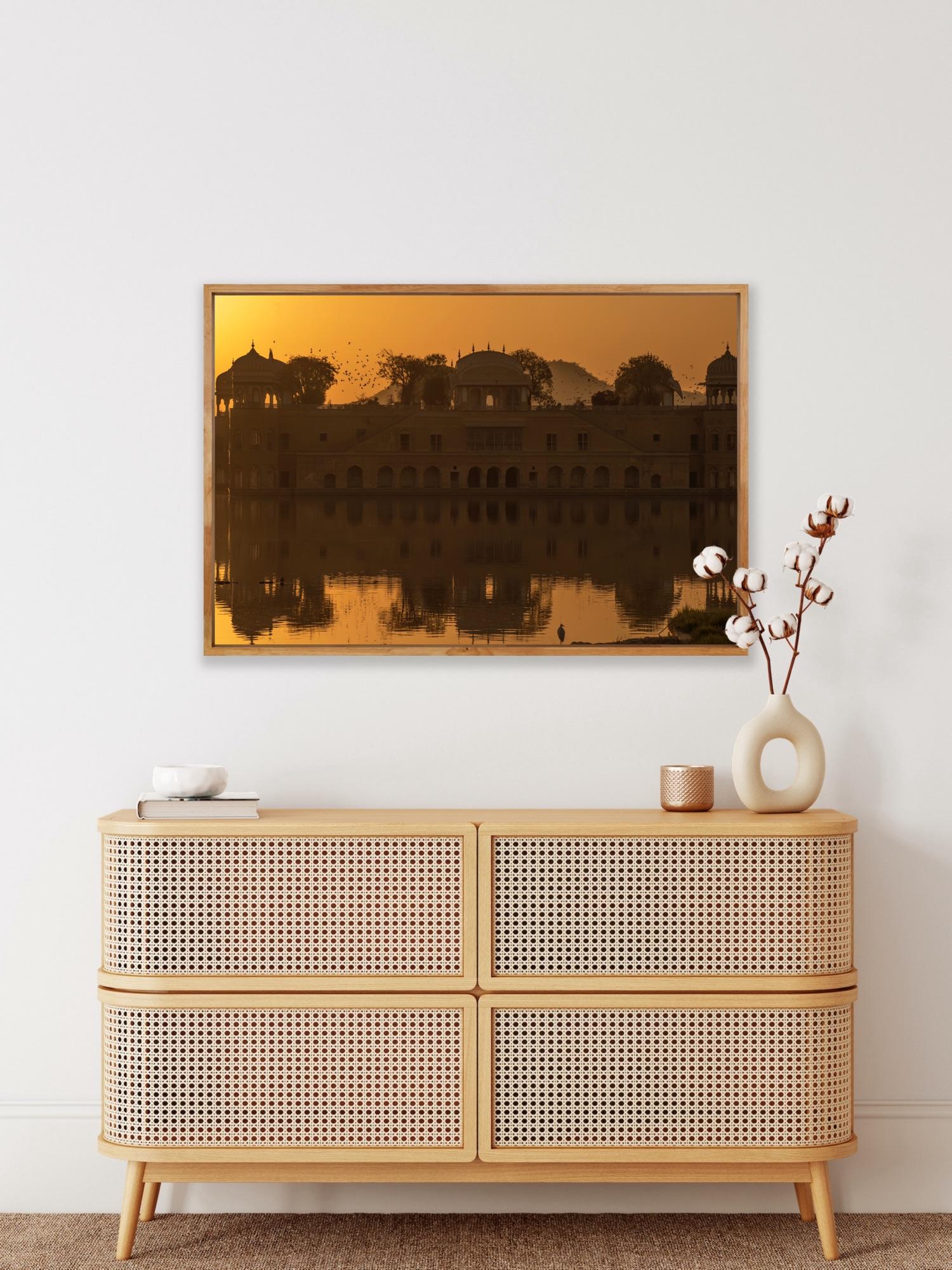 Grand paysage Inde Patrimoine Lac Nature Faune Oiseaux Coucher de soleil Orange en vente 10
