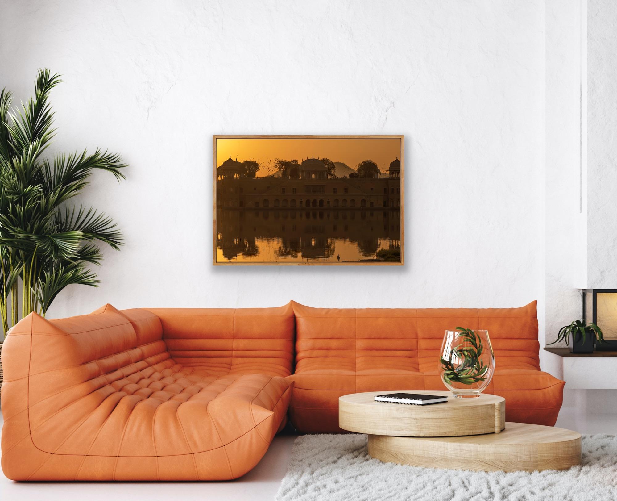 Grand paysage Inde Patrimoine Lac Nature Faune Oiseaux Coucher de soleil Orange en vente 11