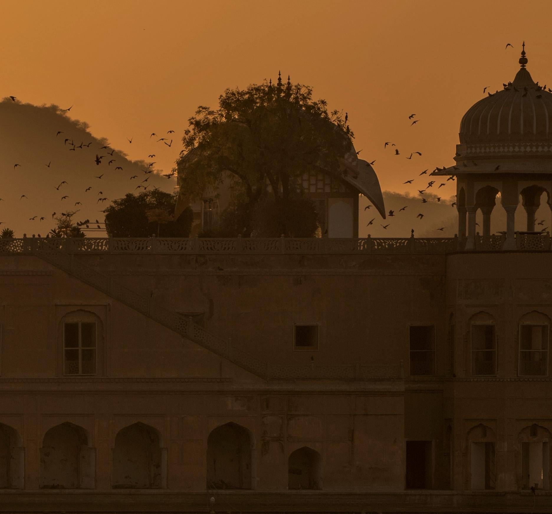 Grand paysage Inde Patrimoine Lac Nature Faune Oiseaux Coucher de soleil Orange - Print de Aditya Dicky Singh