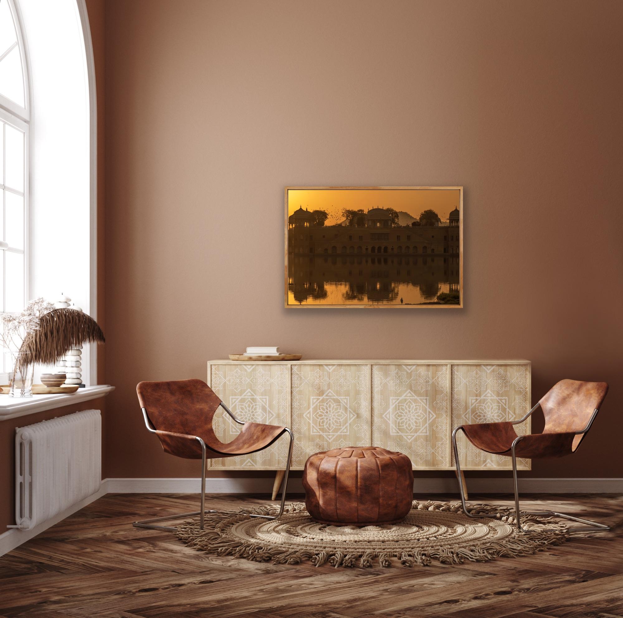 Grand paysage Inde Patrimoine Lac Nature Faune Oiseaux Coucher de soleil Orange en vente 3