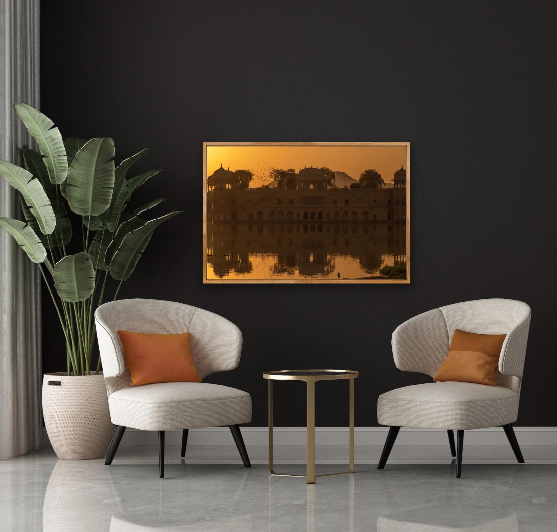 Grand paysage Inde Patrimoine Lac Nature Faune Oiseaux Coucher de soleil Orange en vente 4