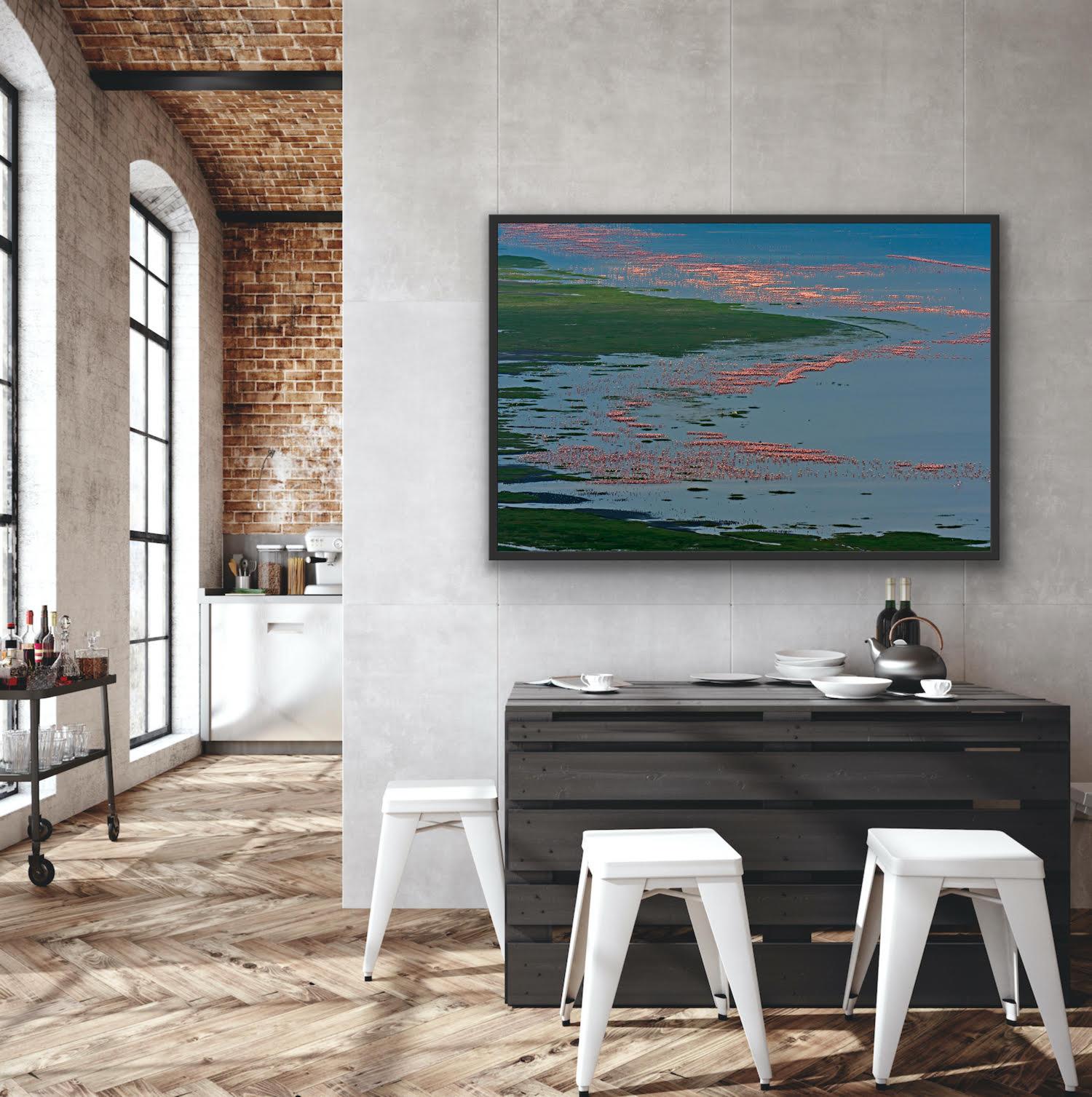 Großes Landschaftsfoto Natur Wildtiere Vögel Rosa Flamingos Blauer See Indien im Angebot 5