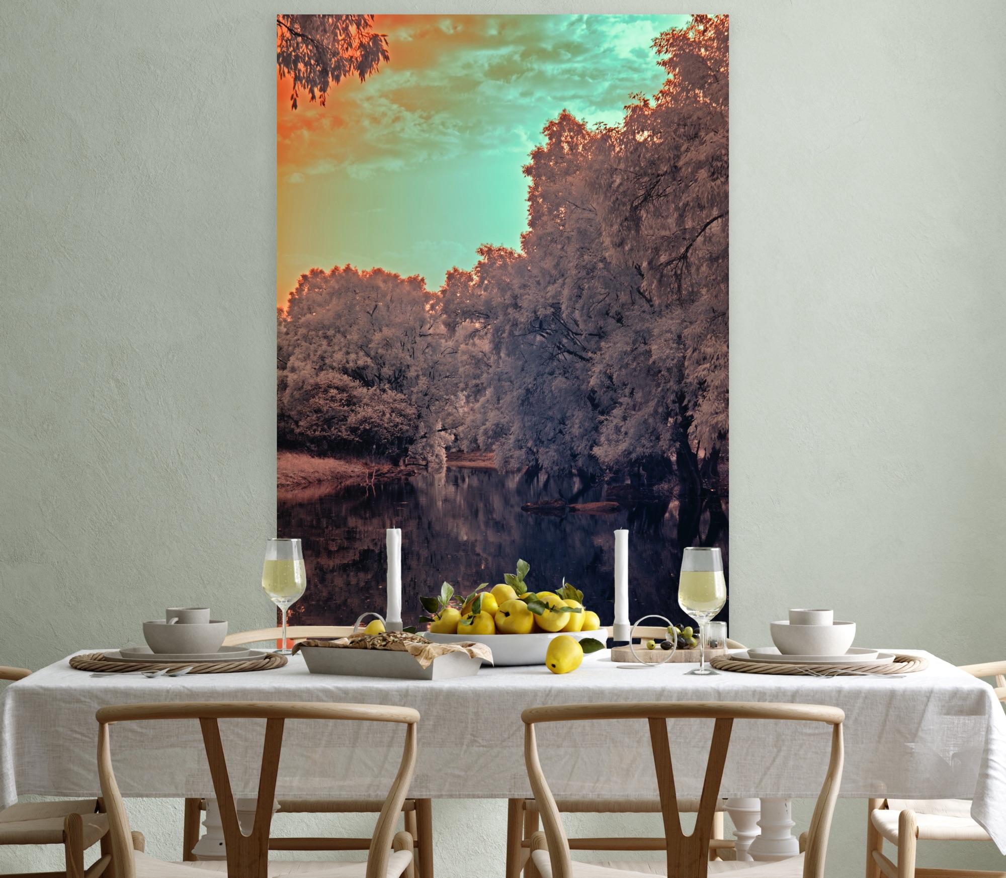 Grande paesaggio vintage foresta natura lago albero blu arance fauna indiana in vendita 5