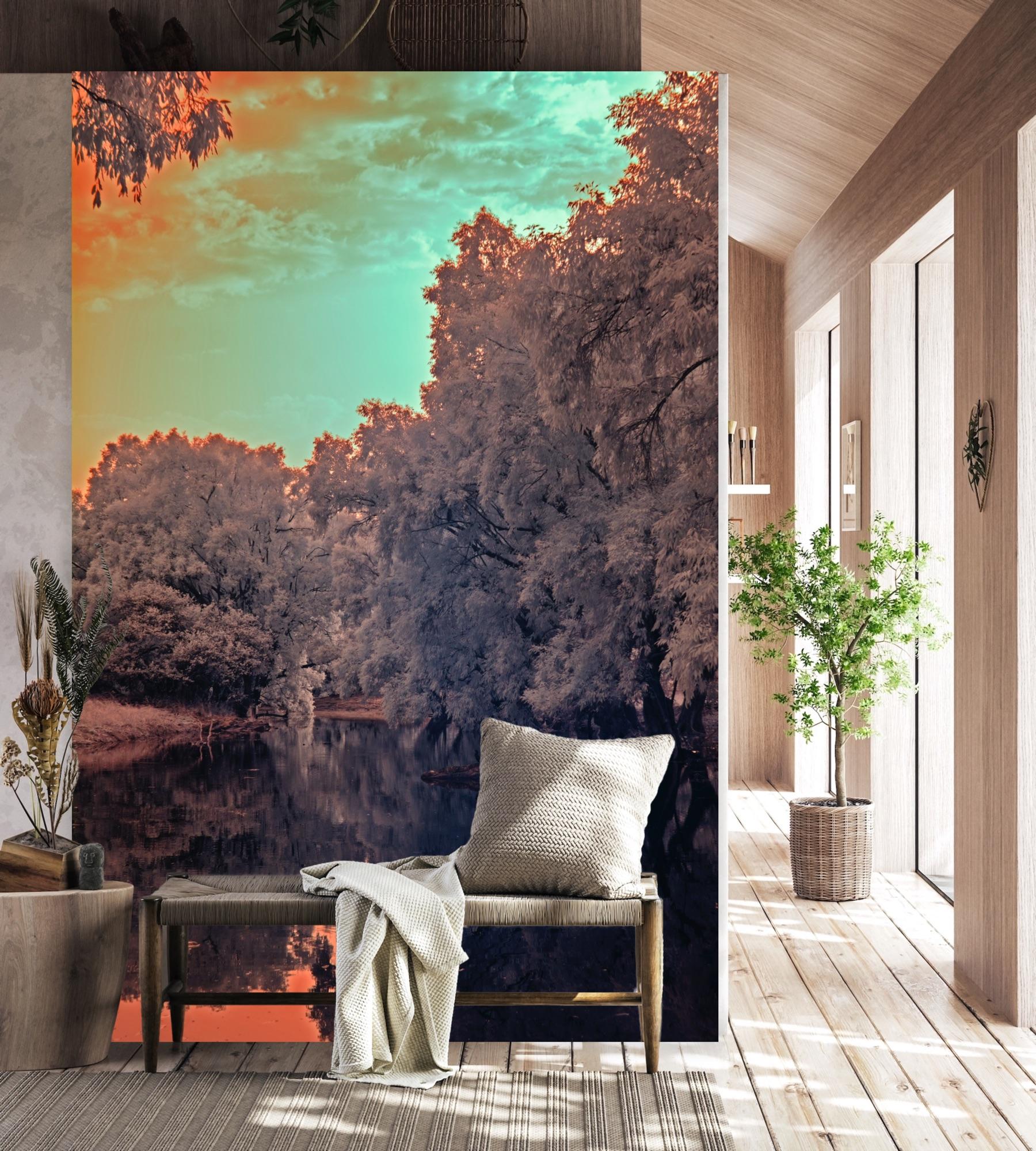 Grande paesaggio vintage foresta natura lago albero blu arance fauna indiana in vendita 6