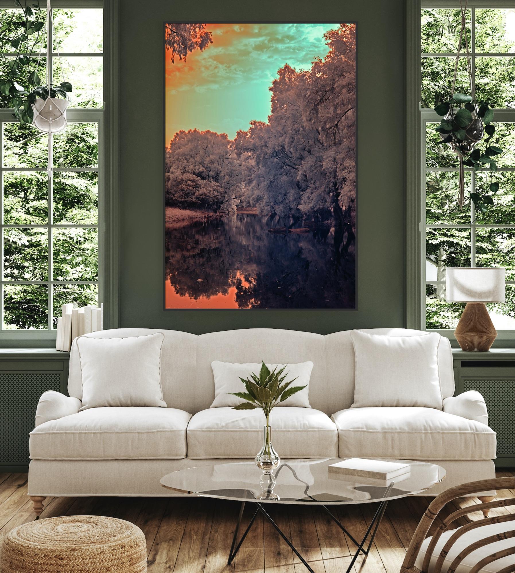 Grande paesaggio vintage foresta natura lago albero blu arance fauna indiana in vendita 7