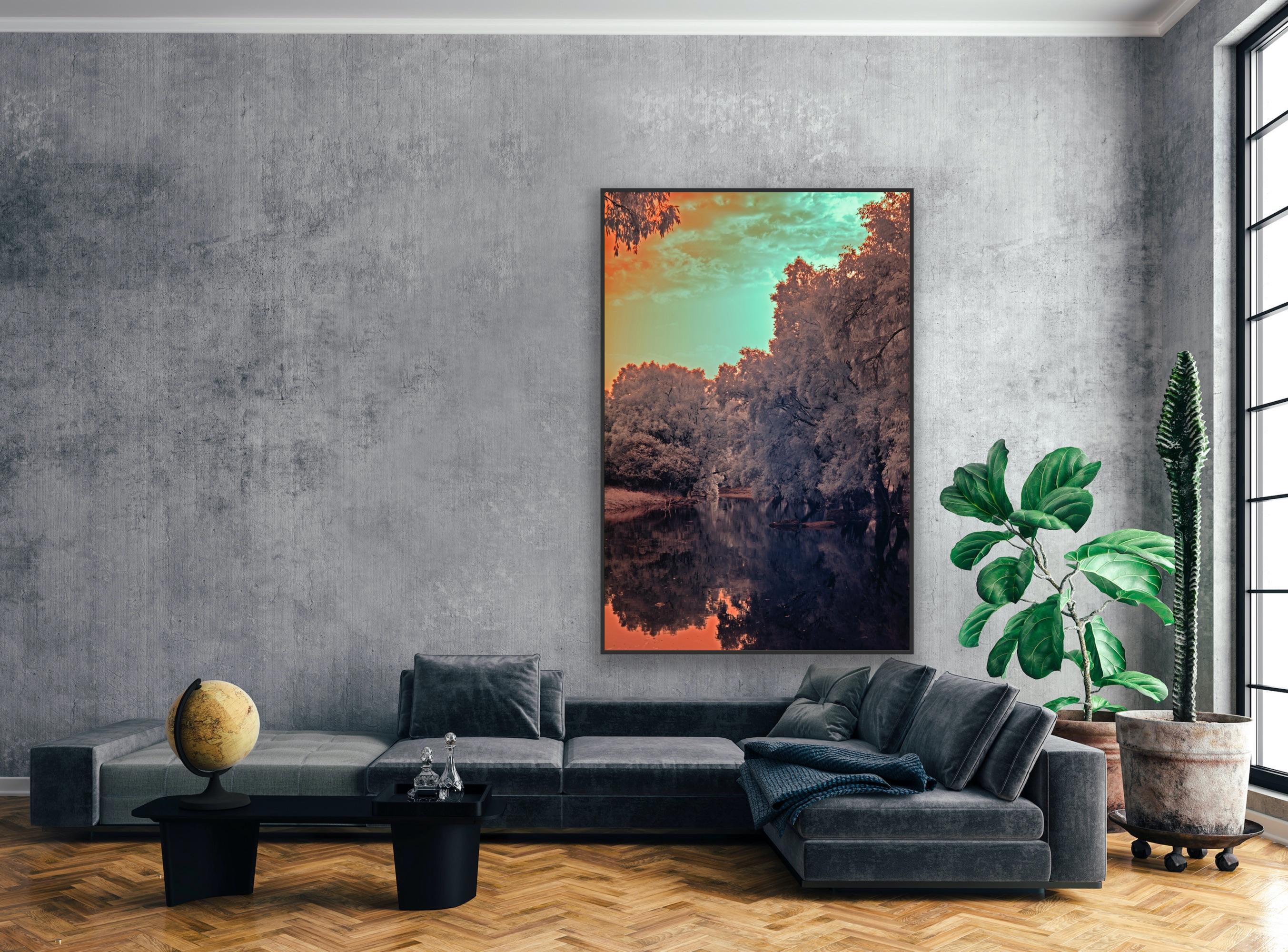 Grande paesaggio vintage foresta natura lago albero blu arance fauna indiana in vendita 9
