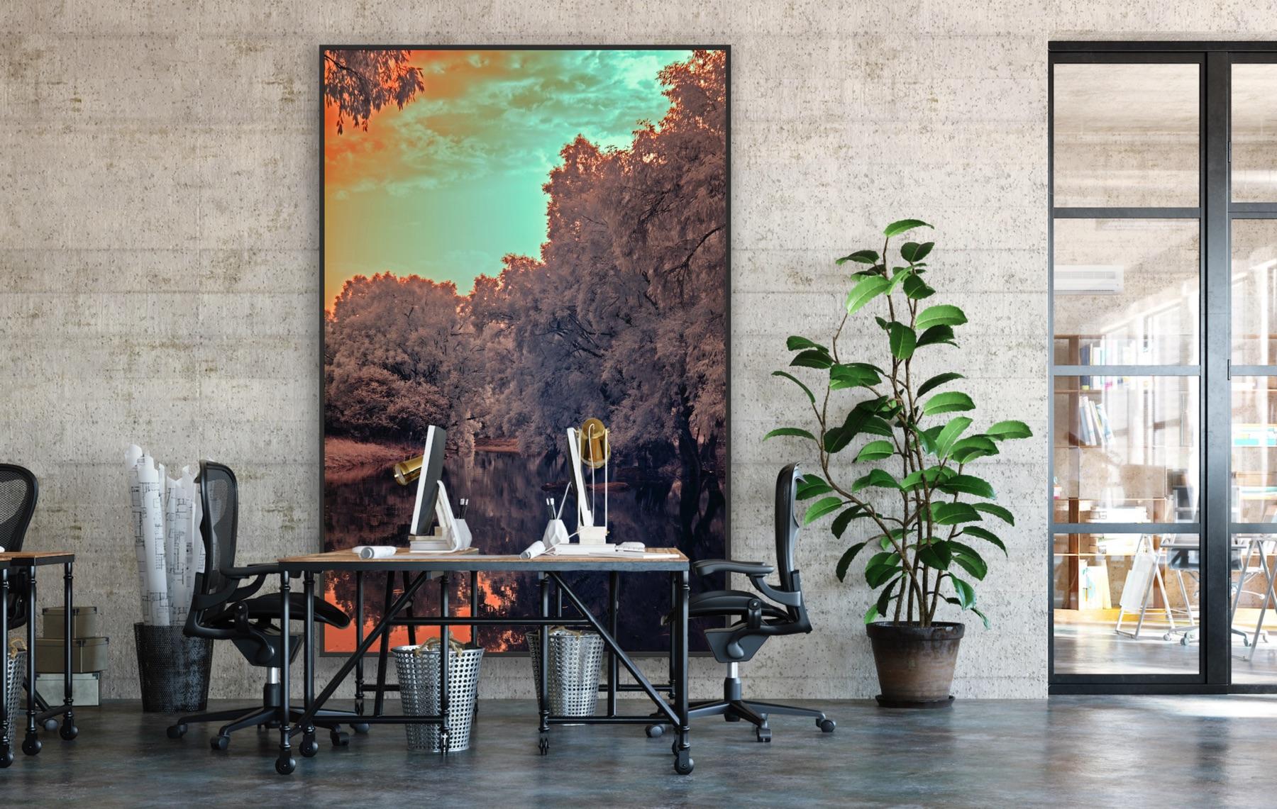 Grande paesaggio vintage foresta natura lago albero blu arance fauna indiana in vendita 10