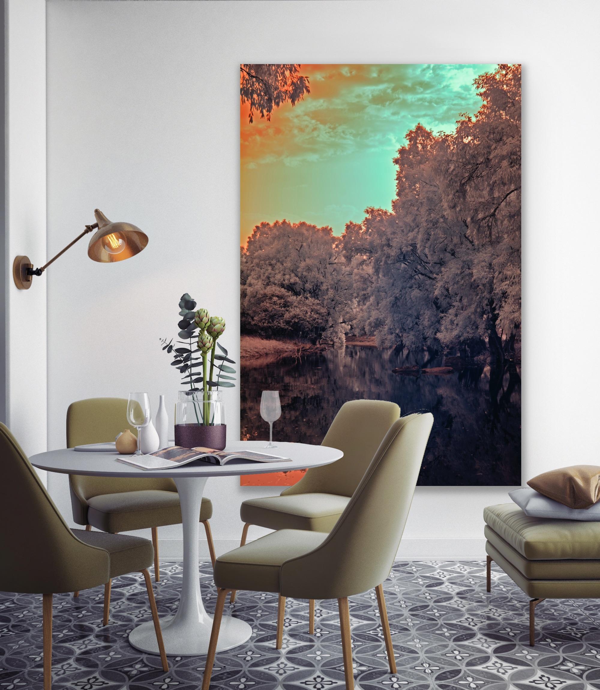 Grande paesaggio vintage foresta natura lago albero blu arance fauna indiana in vendita 11