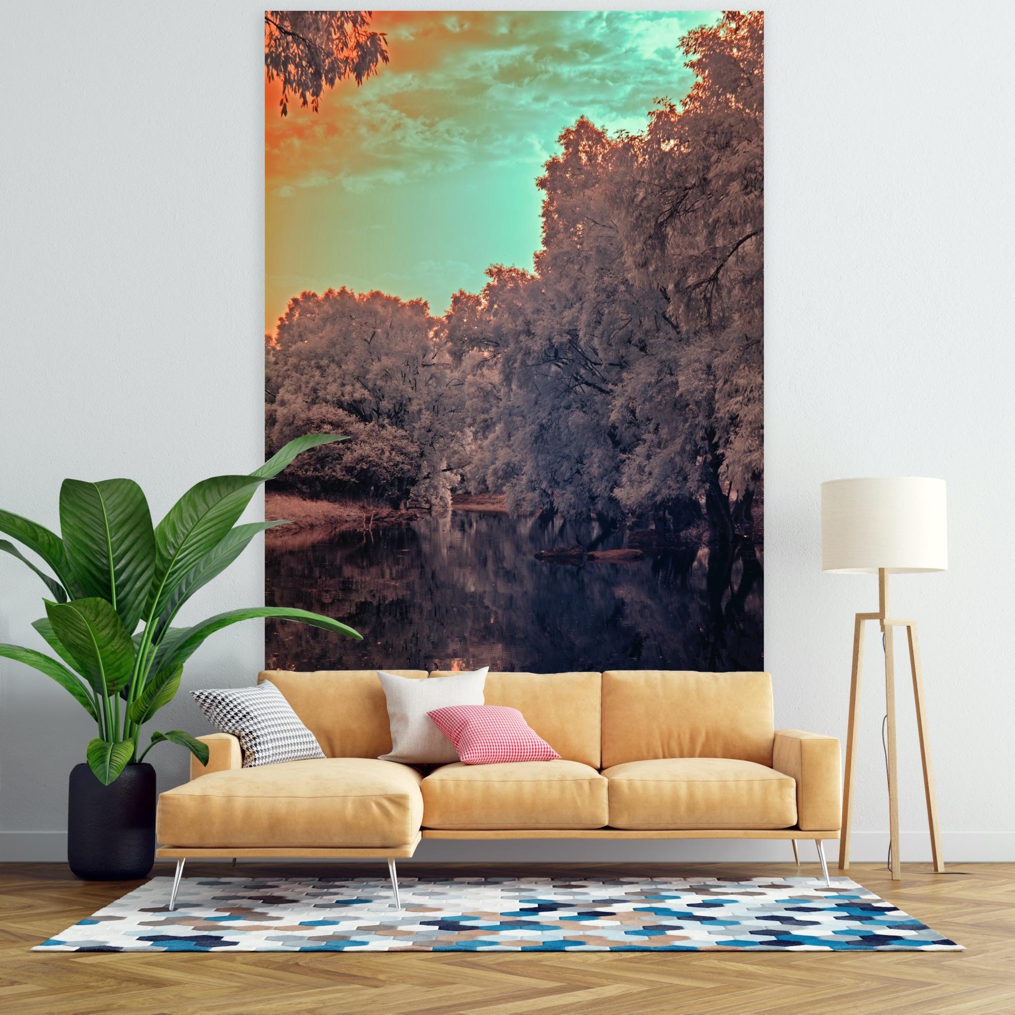 Grande paesaggio vintage foresta natura lago albero blu arance fauna indiana in vendita 2