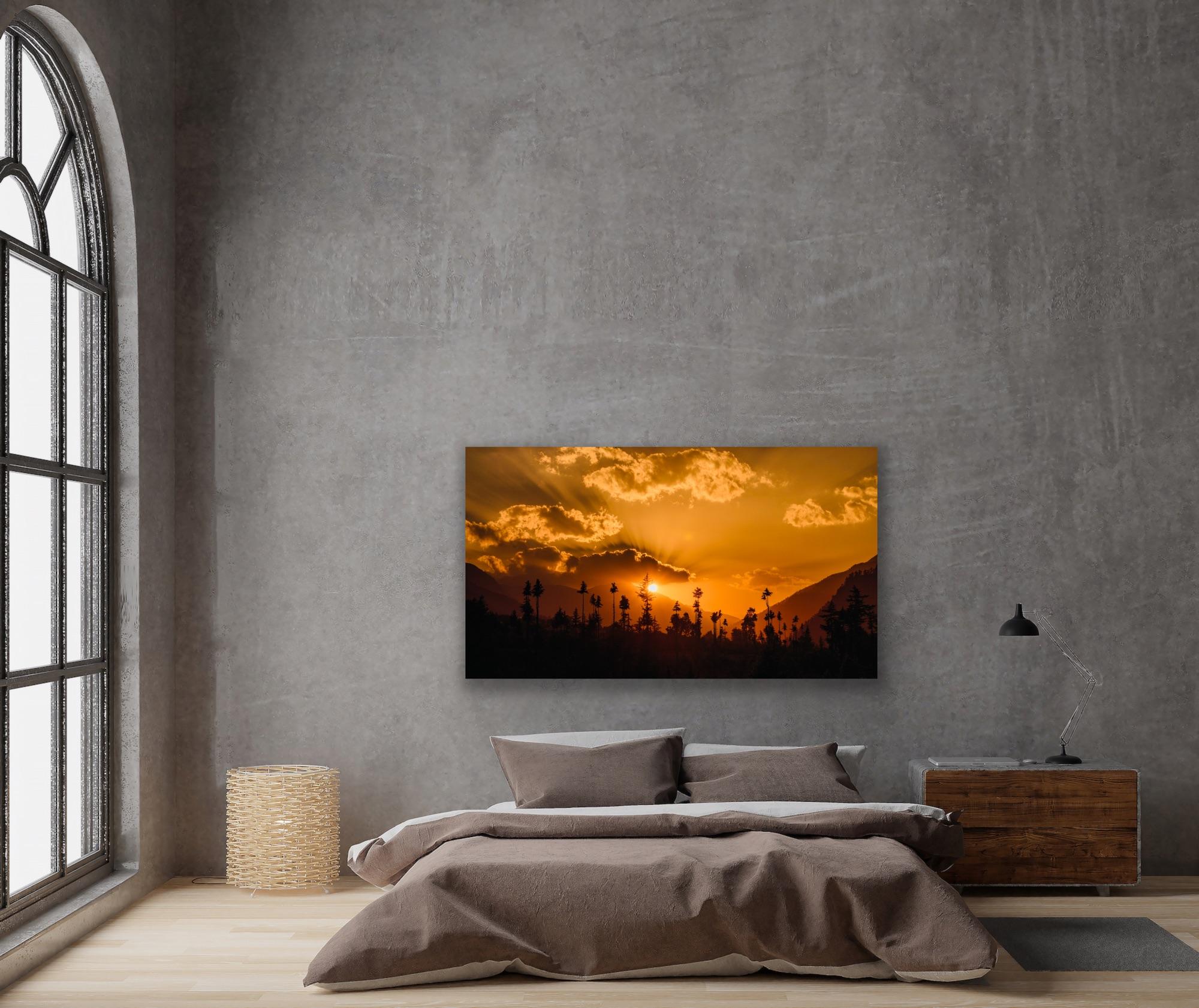 Paysage Photographie Large Nature Montagnes Arbres Coucher de soleil Faune Inde Orange en vente 6